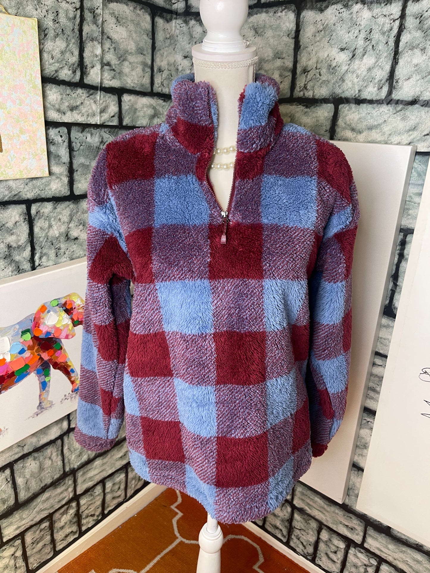 Eddie Bauer Red Blue Fuzzy Pullover Women sz Medium