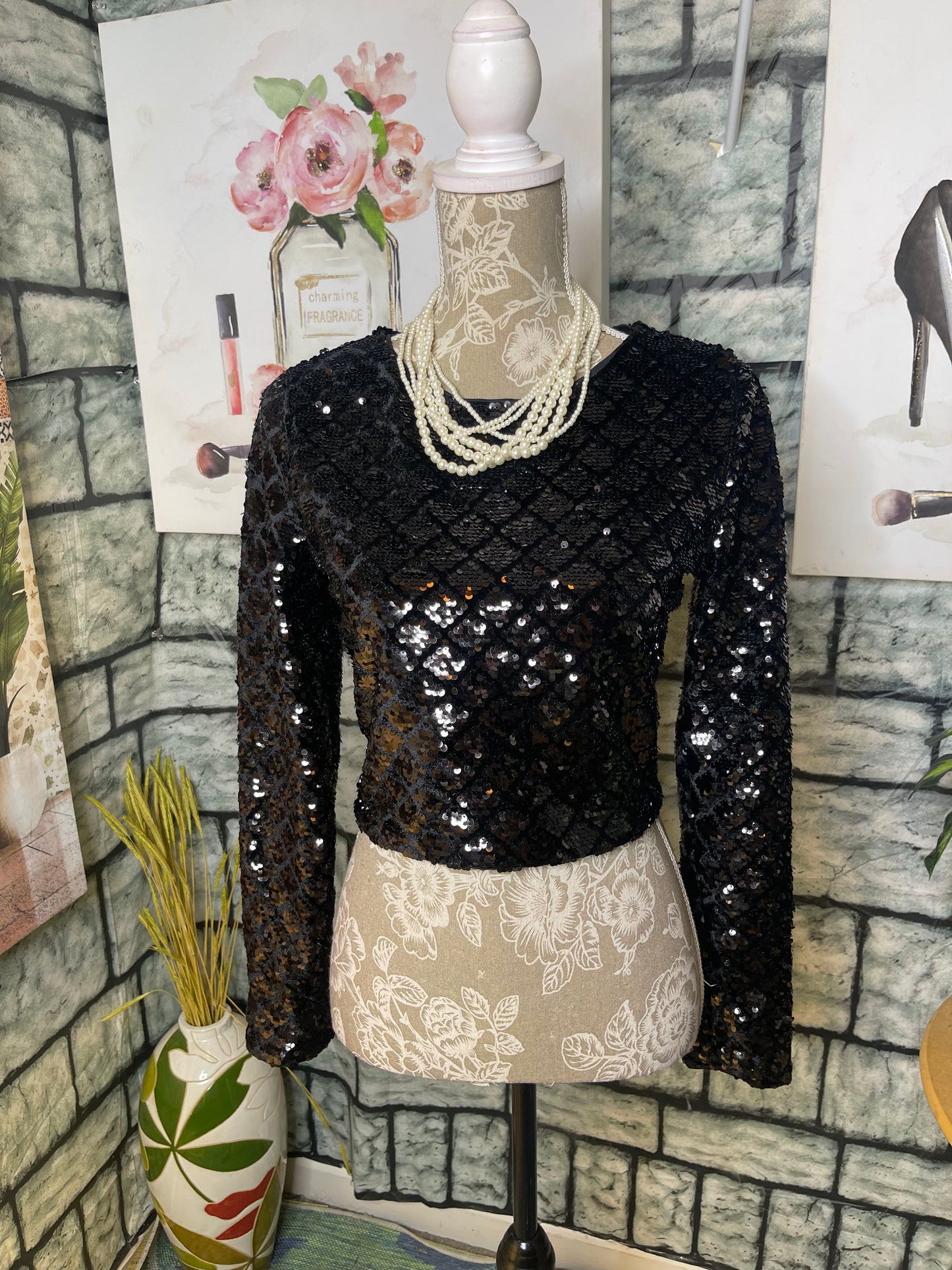 NEW Express Black Sequin Blouse Women sz Small