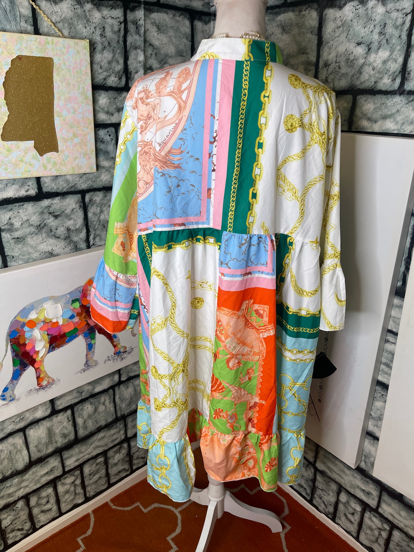 Beige Orange Green Chain Print Dress Women sz 3XL