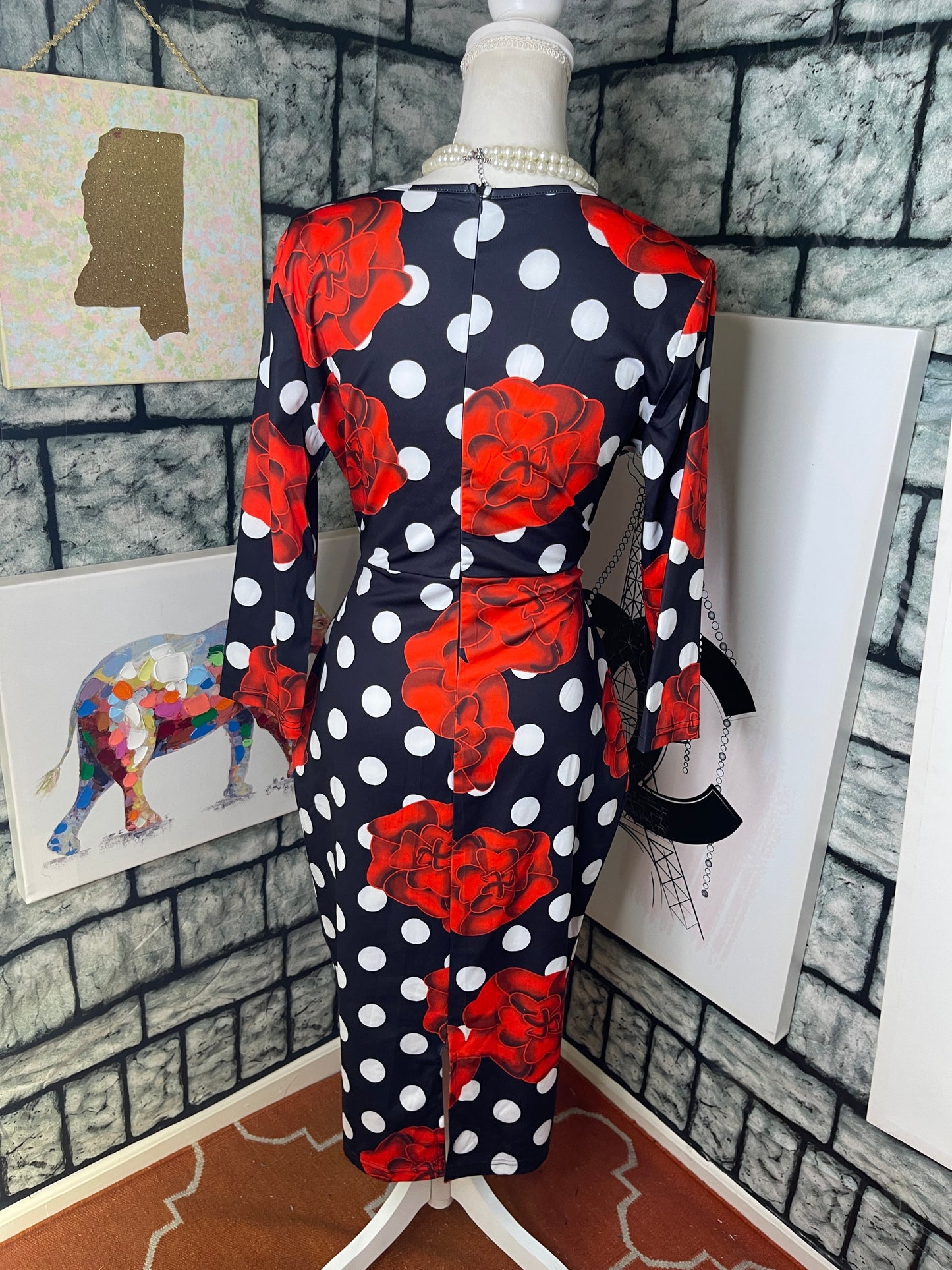 Red black polka dot dress women sz large