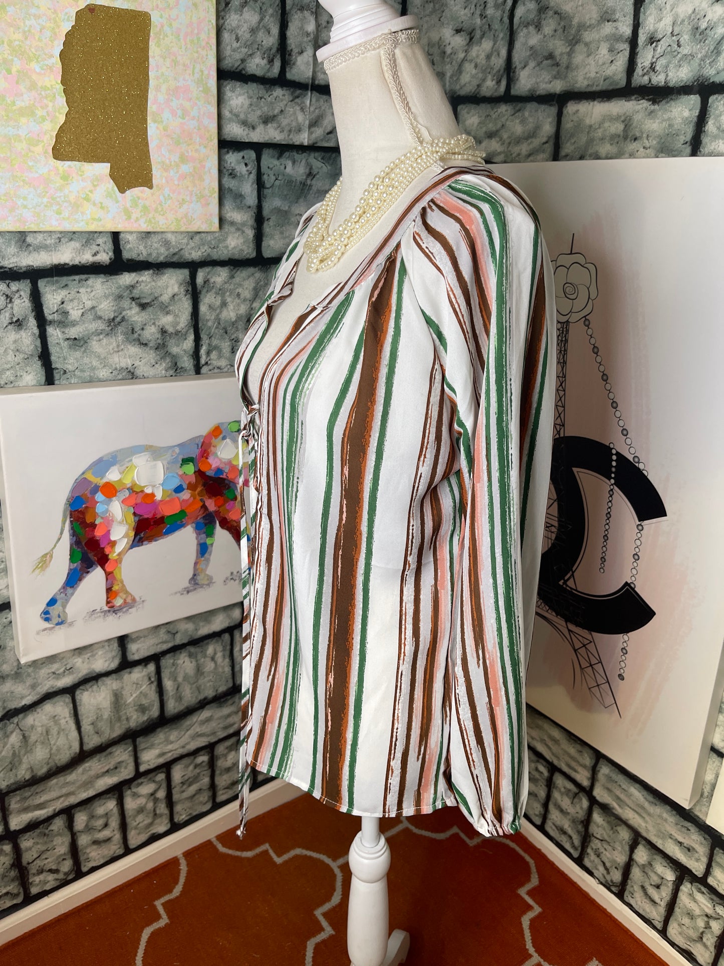 Liberty Green White Blouse Women sz Large