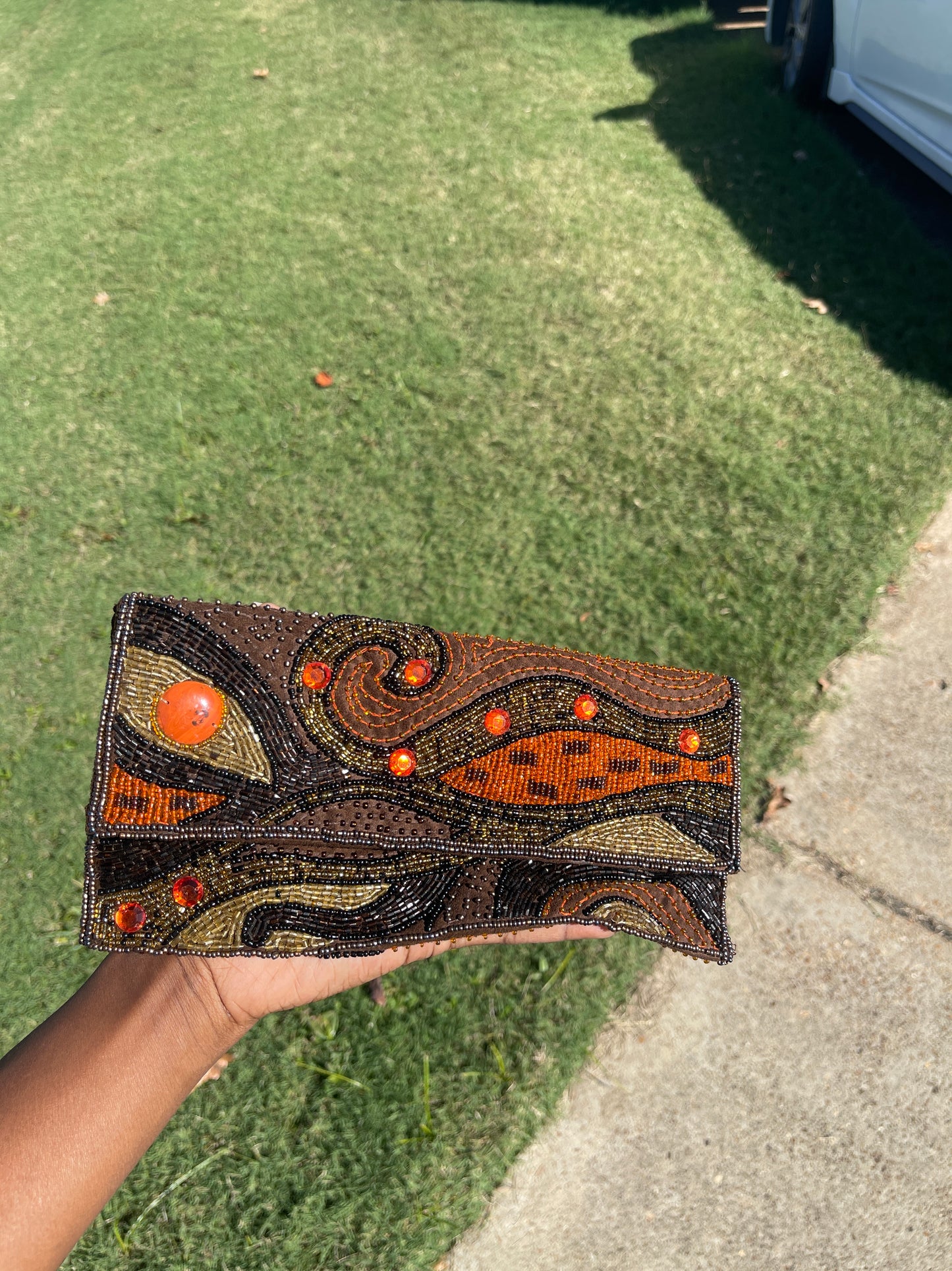 Express Brown bead clutch handbag