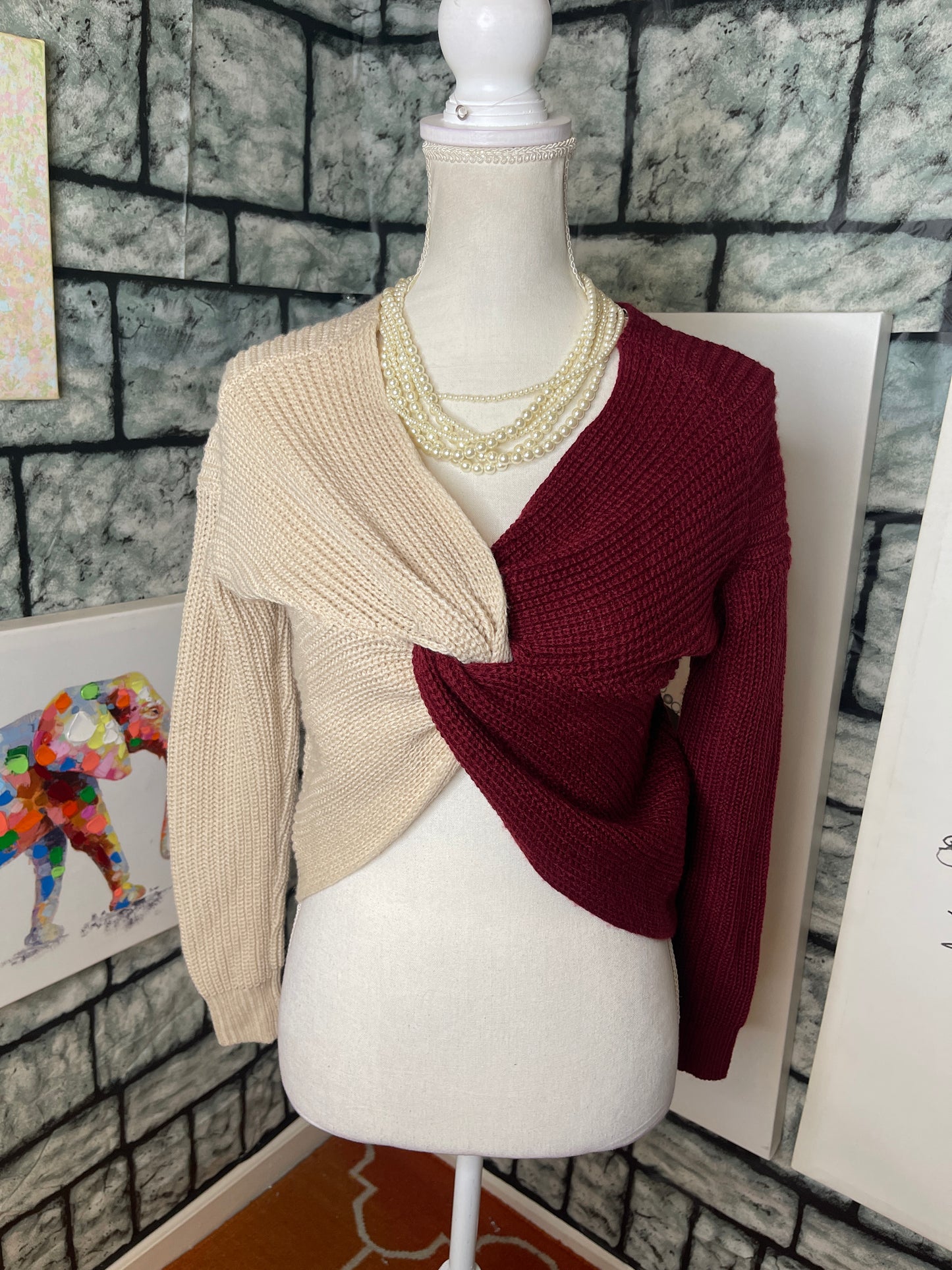 NOBo Burgundy Tan Sweater Women sz XS