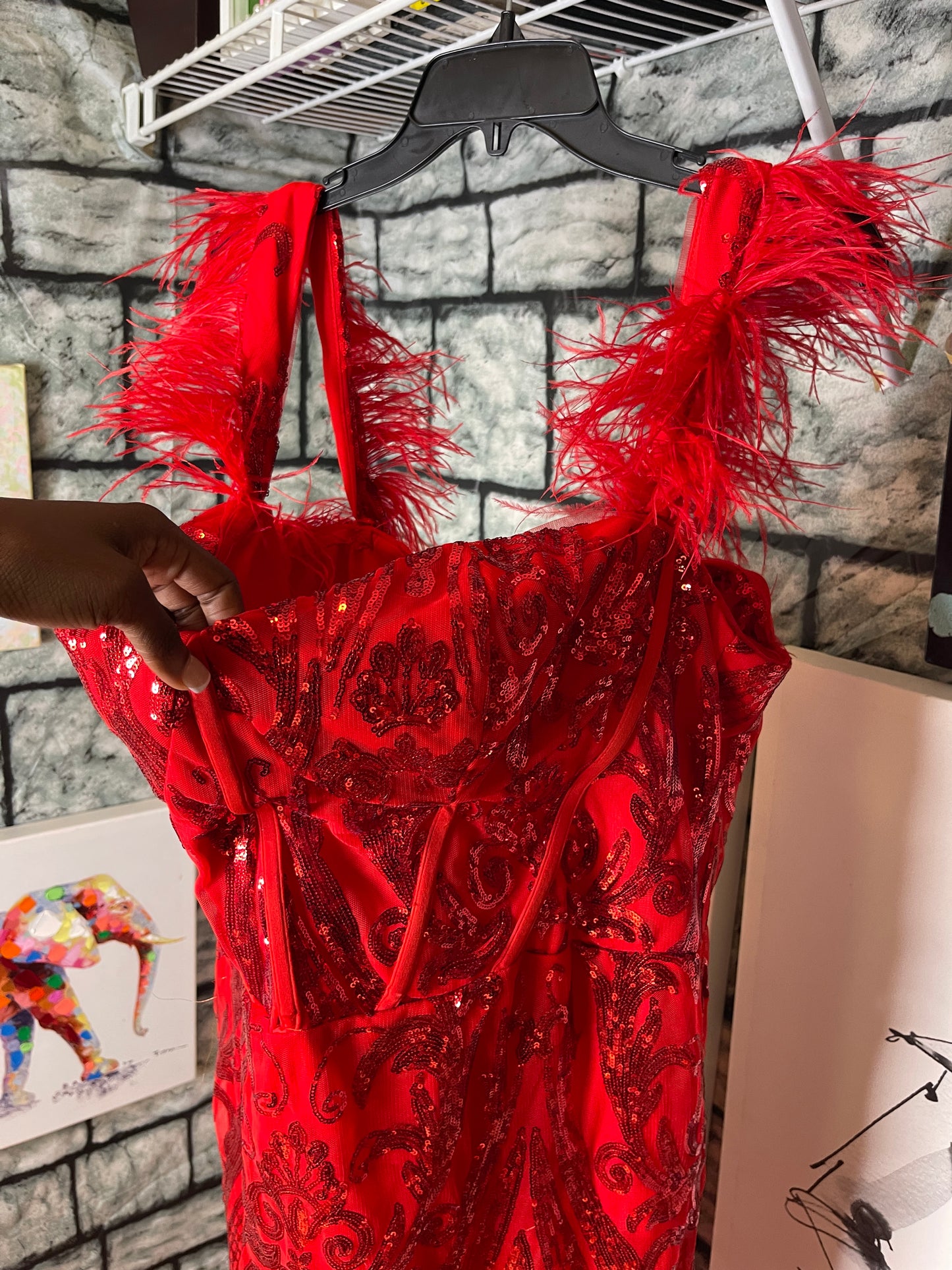 Zapaka Red Sequin Fur Formal Dress Women sz 20