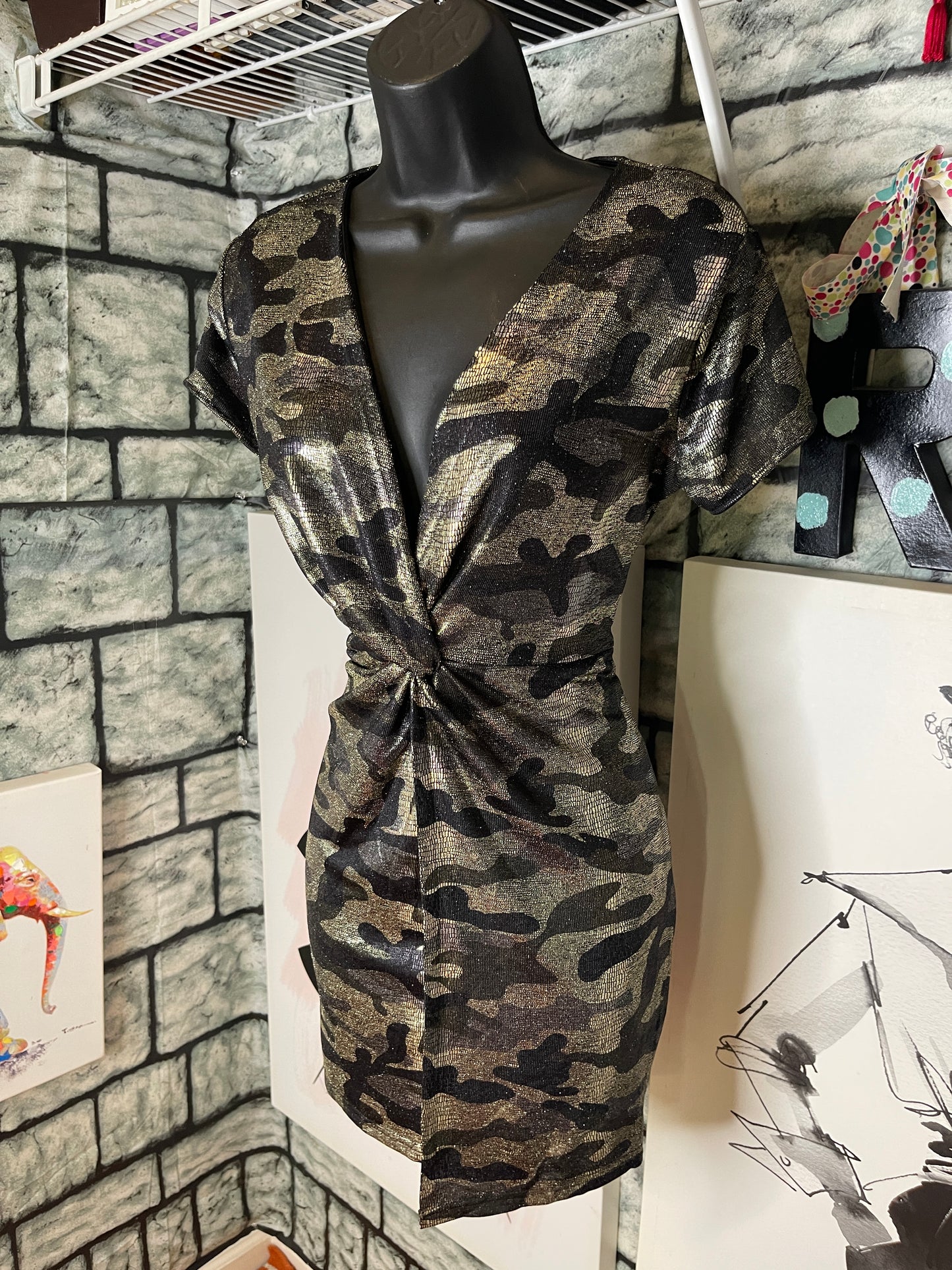 NEW Fashion Nova Camo Gold Green Dress Women sz Large