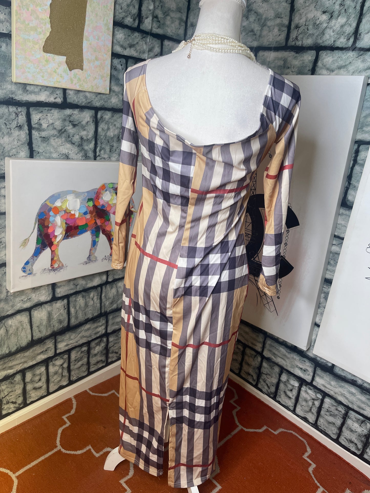 Tan Red "Burberry" Looking Dress Women sz XL