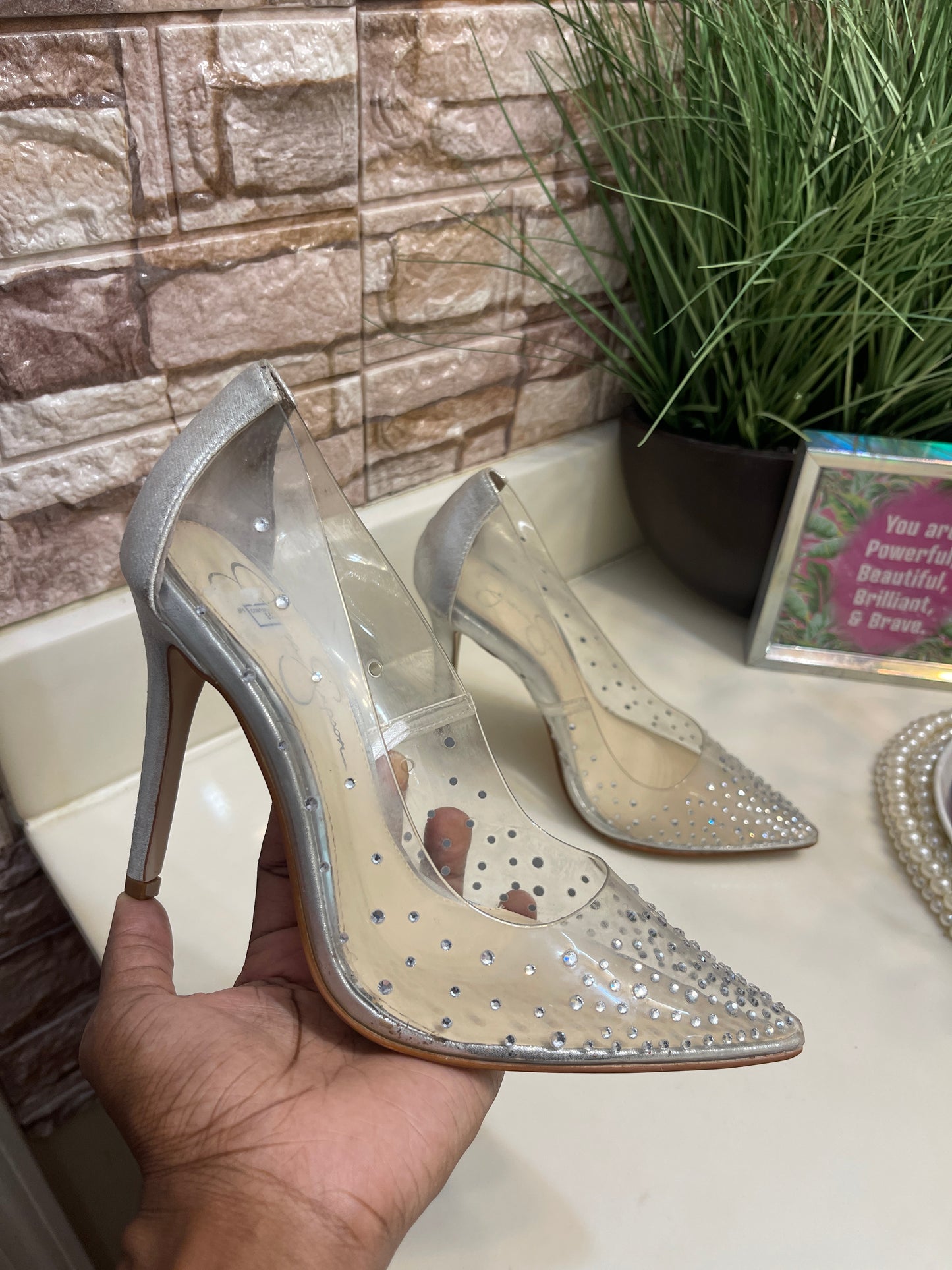 Jessica Simpson Clear Silver Heels Women sz 7.5