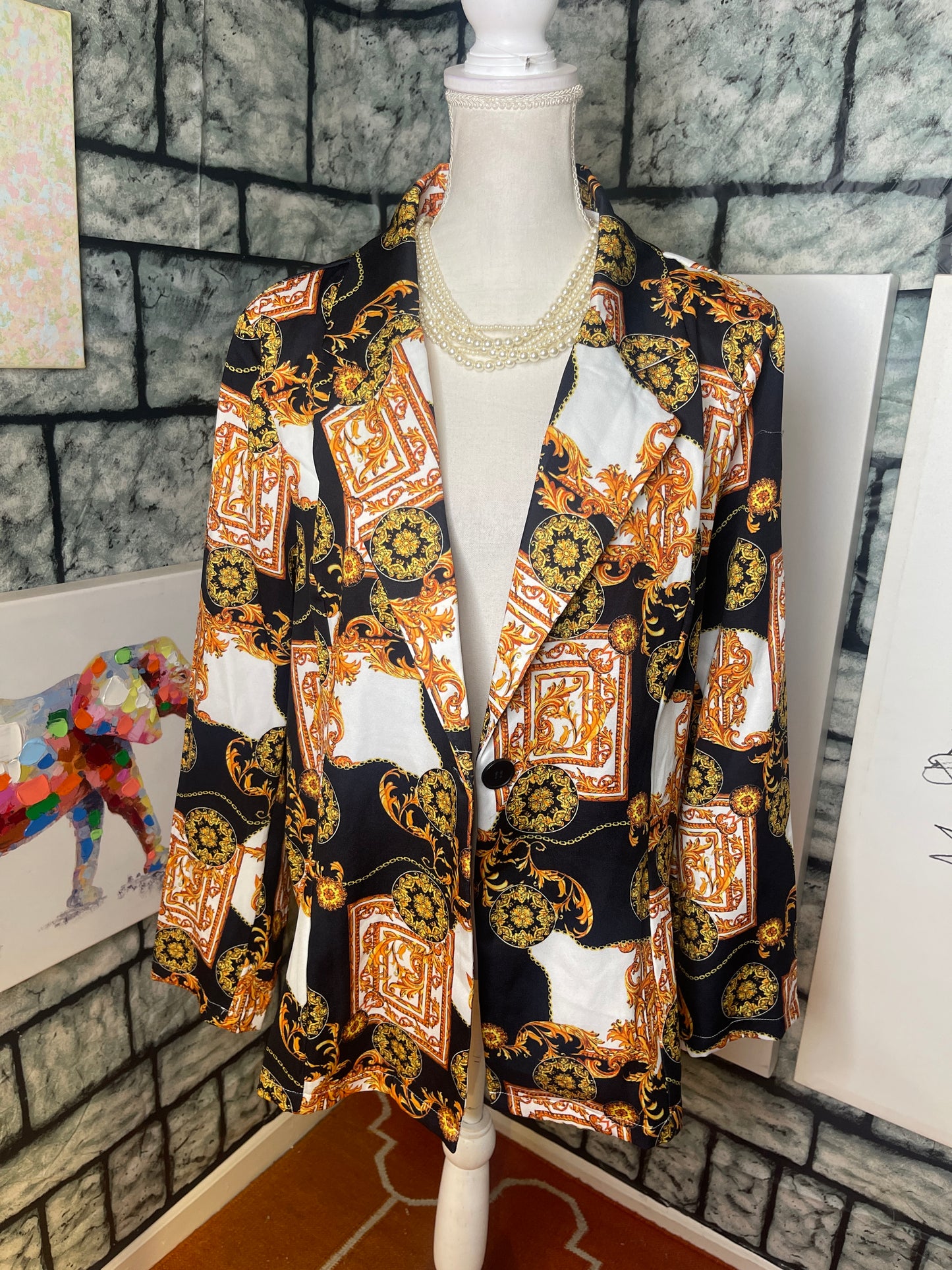 Touch Me Black Orange Print Blazer Blouse Women sz 3XL