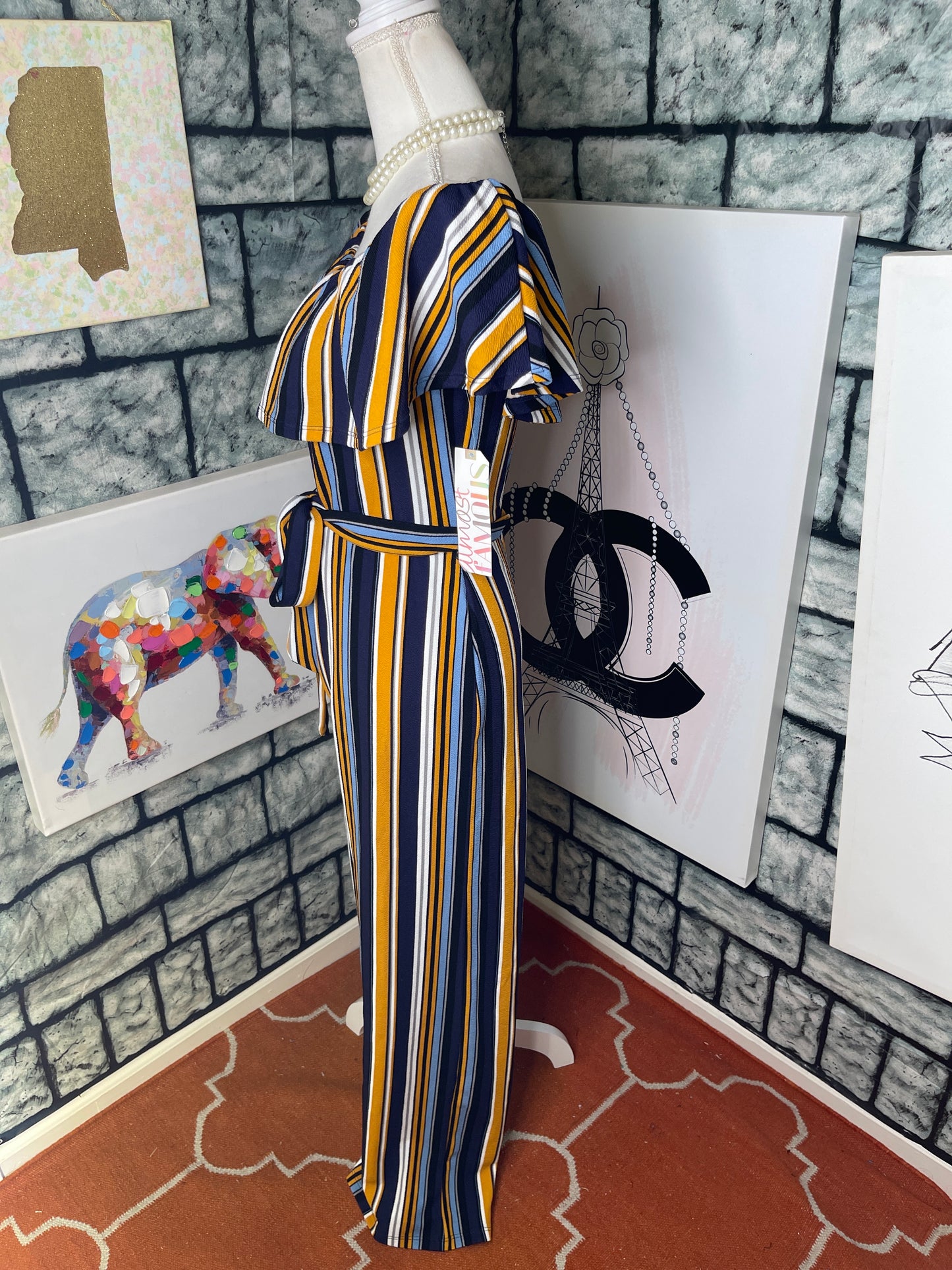 New almost famous blue yellow jumpsuit women sz large