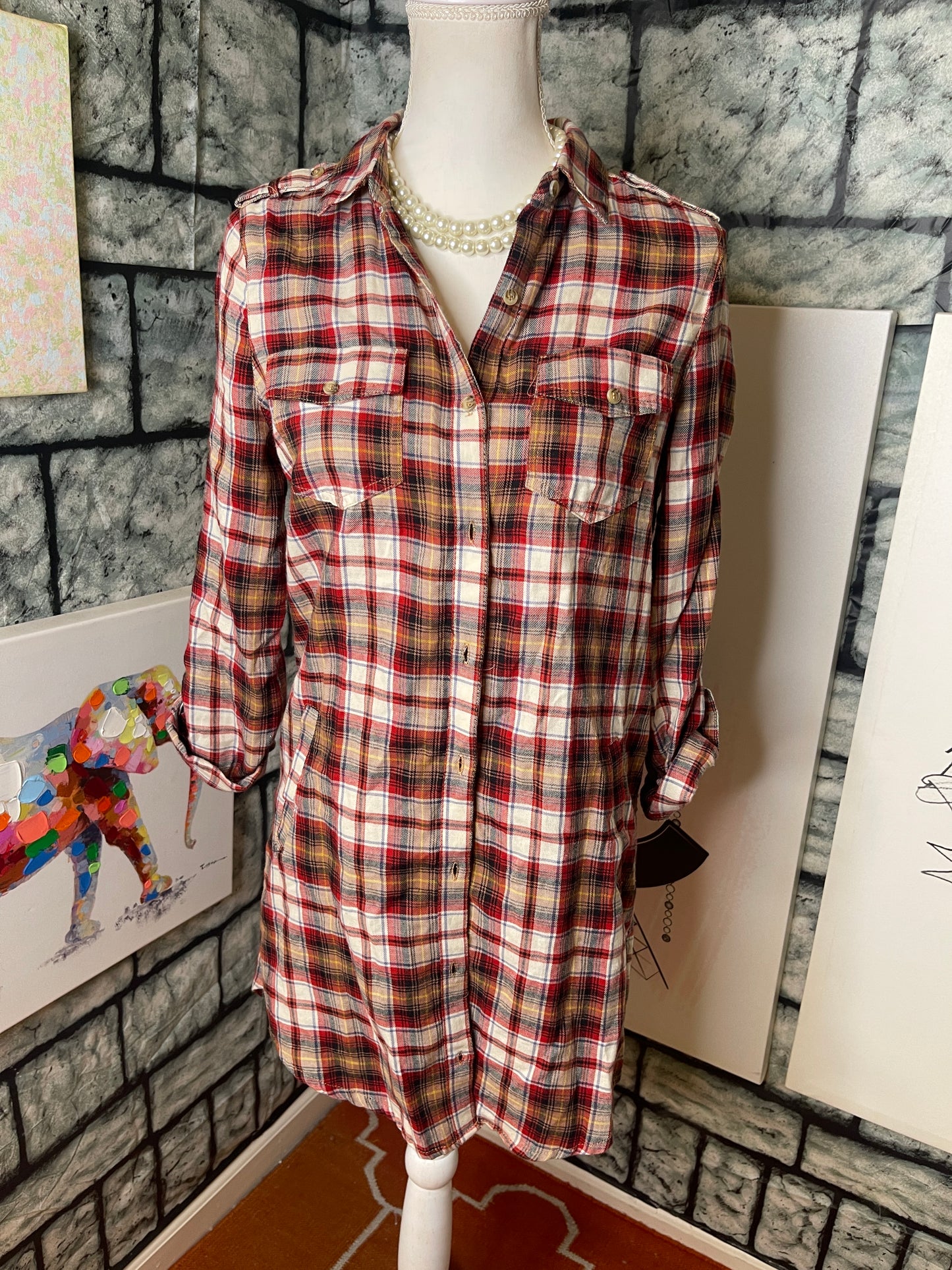 Love Tree Red Tan Button dress cover Women sz Medium