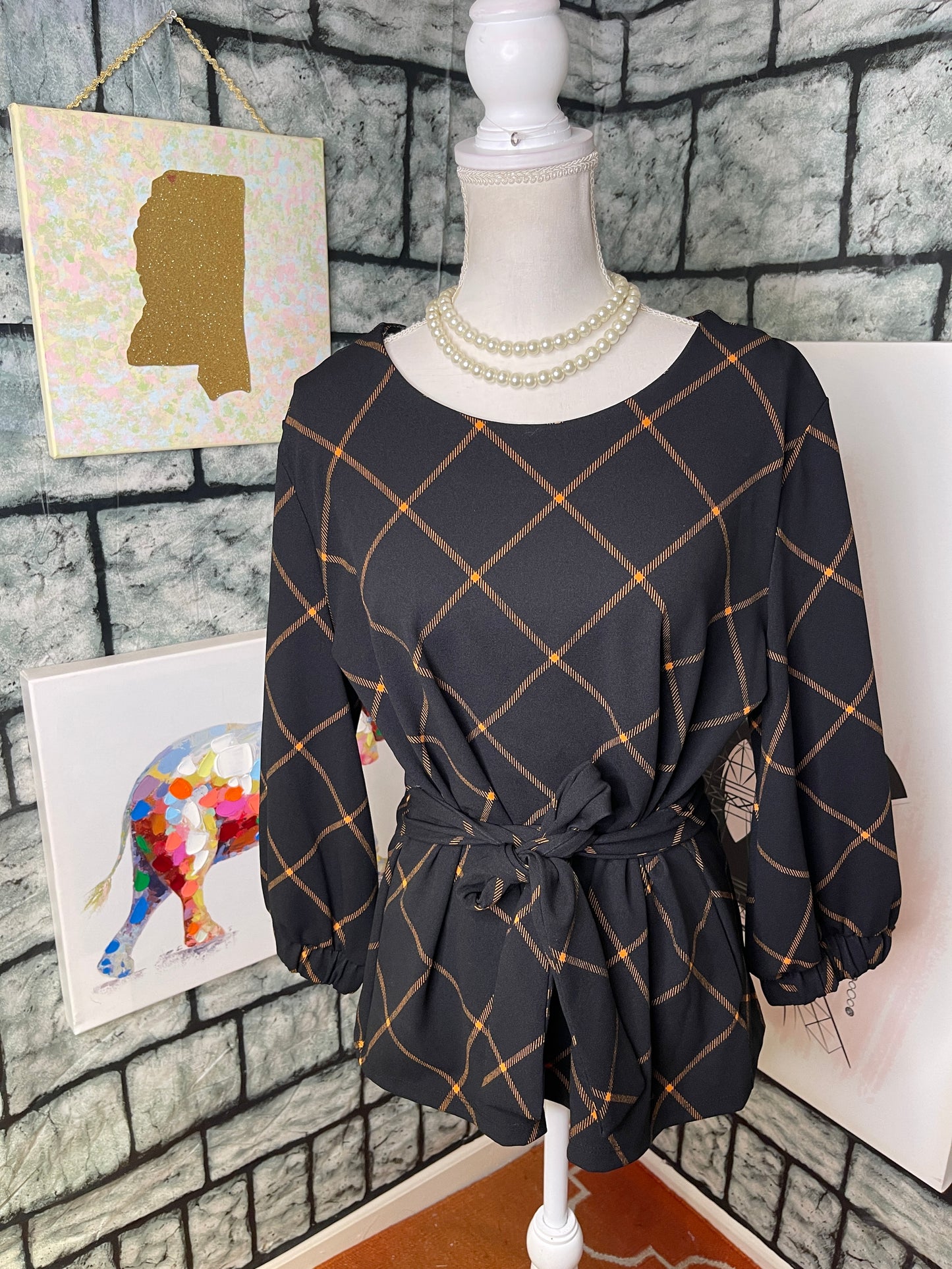 NEW Worthington Black Yellow Blouse Women sz Large