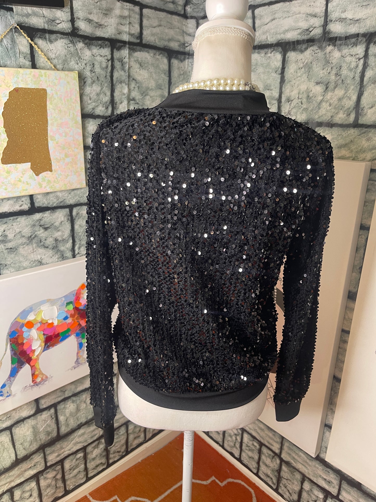 Black Sequin Lip Blouse Women sz Medium