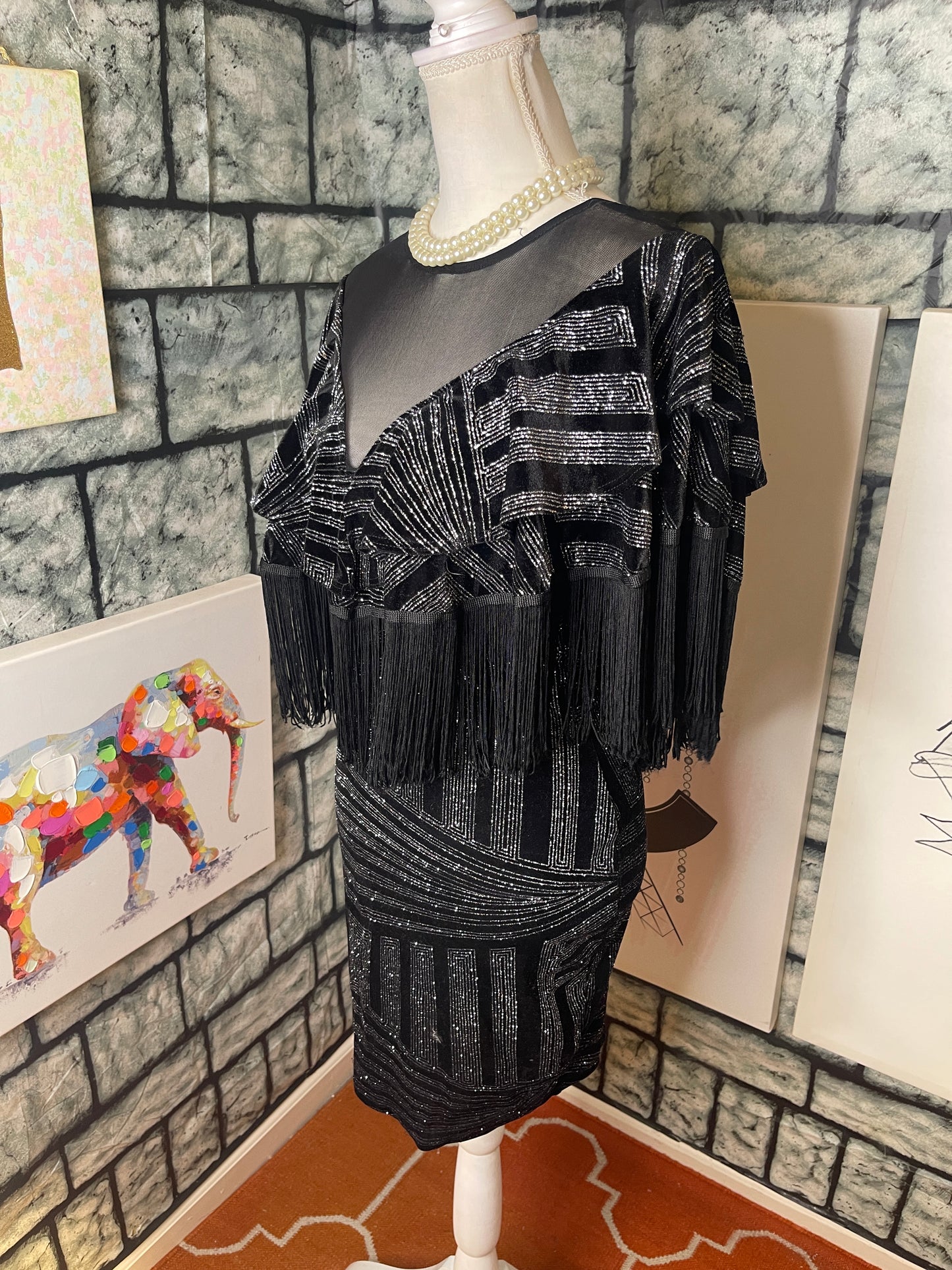Monaco black silver fringe dress women sz Large