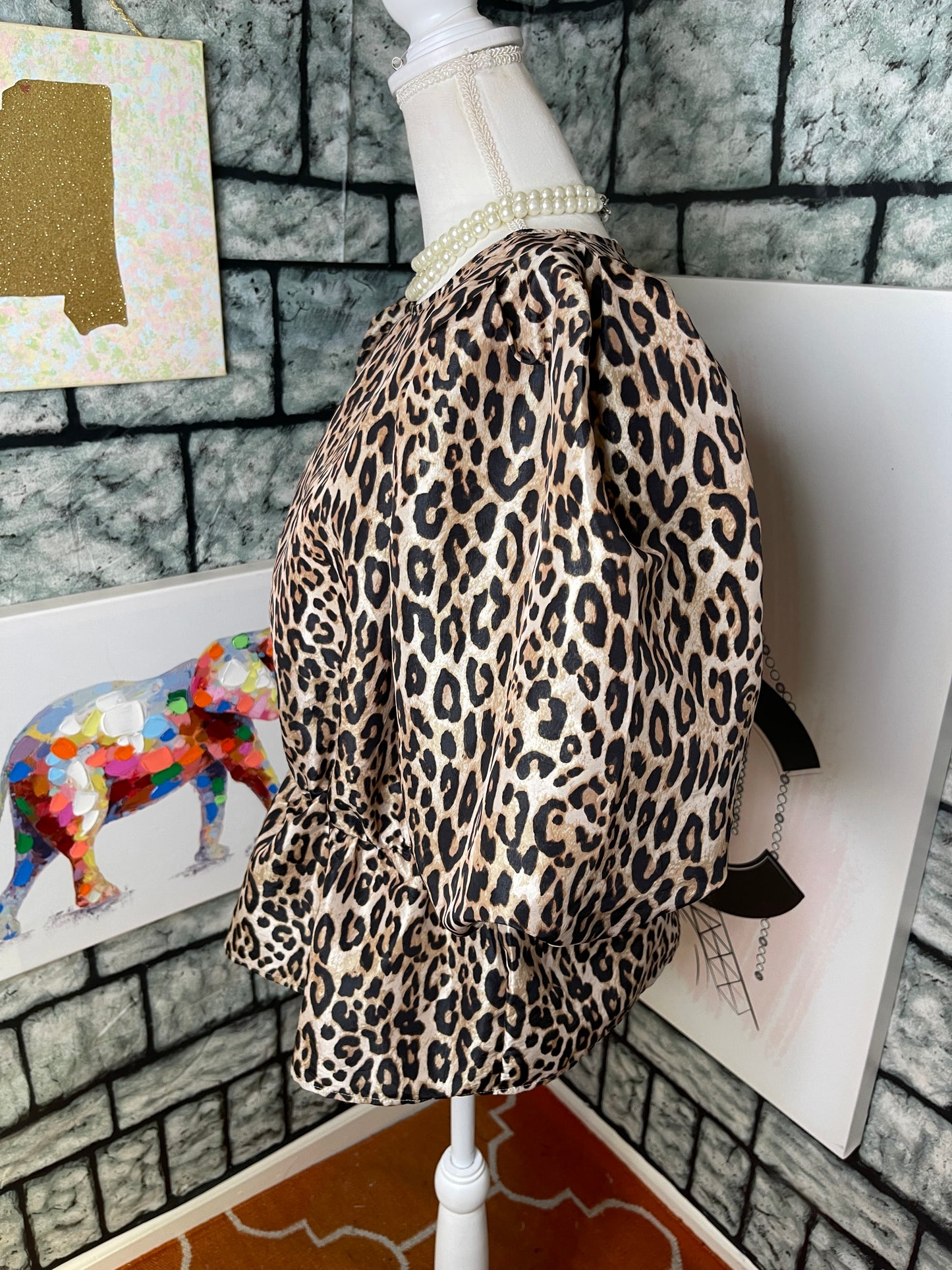 H&M Brown Black Animal Print Puff Blouse Women sz Large