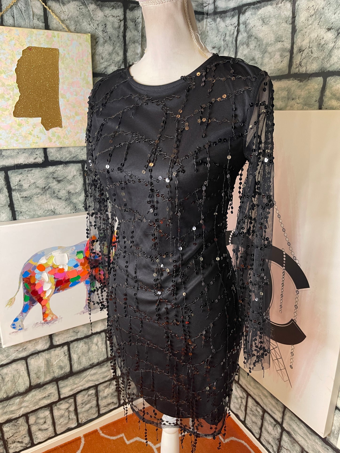Shein Black Fringe Sequin Dress Women sz Small