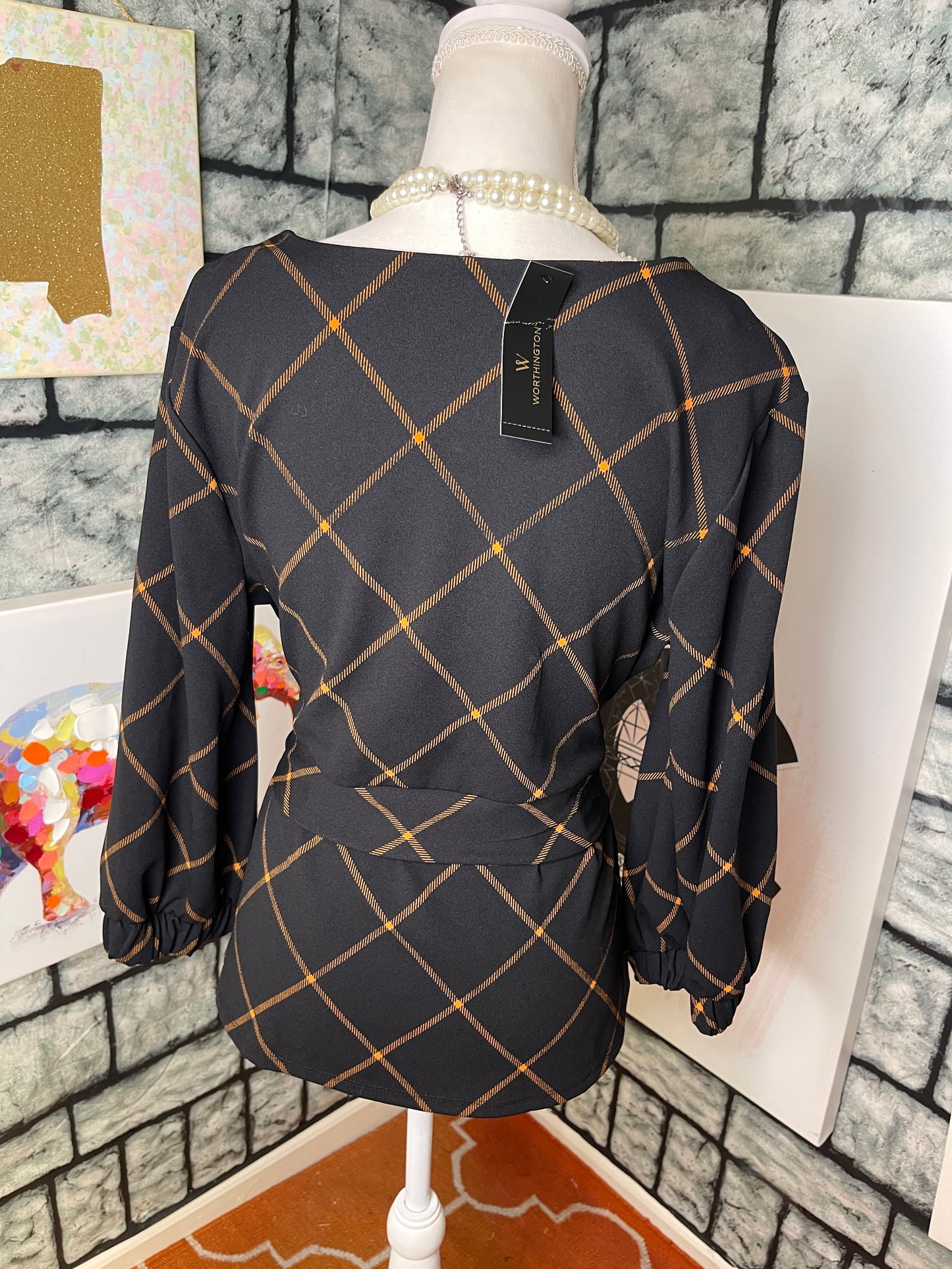 NEW Worthington Black Yellow Blouse Women sz Large
