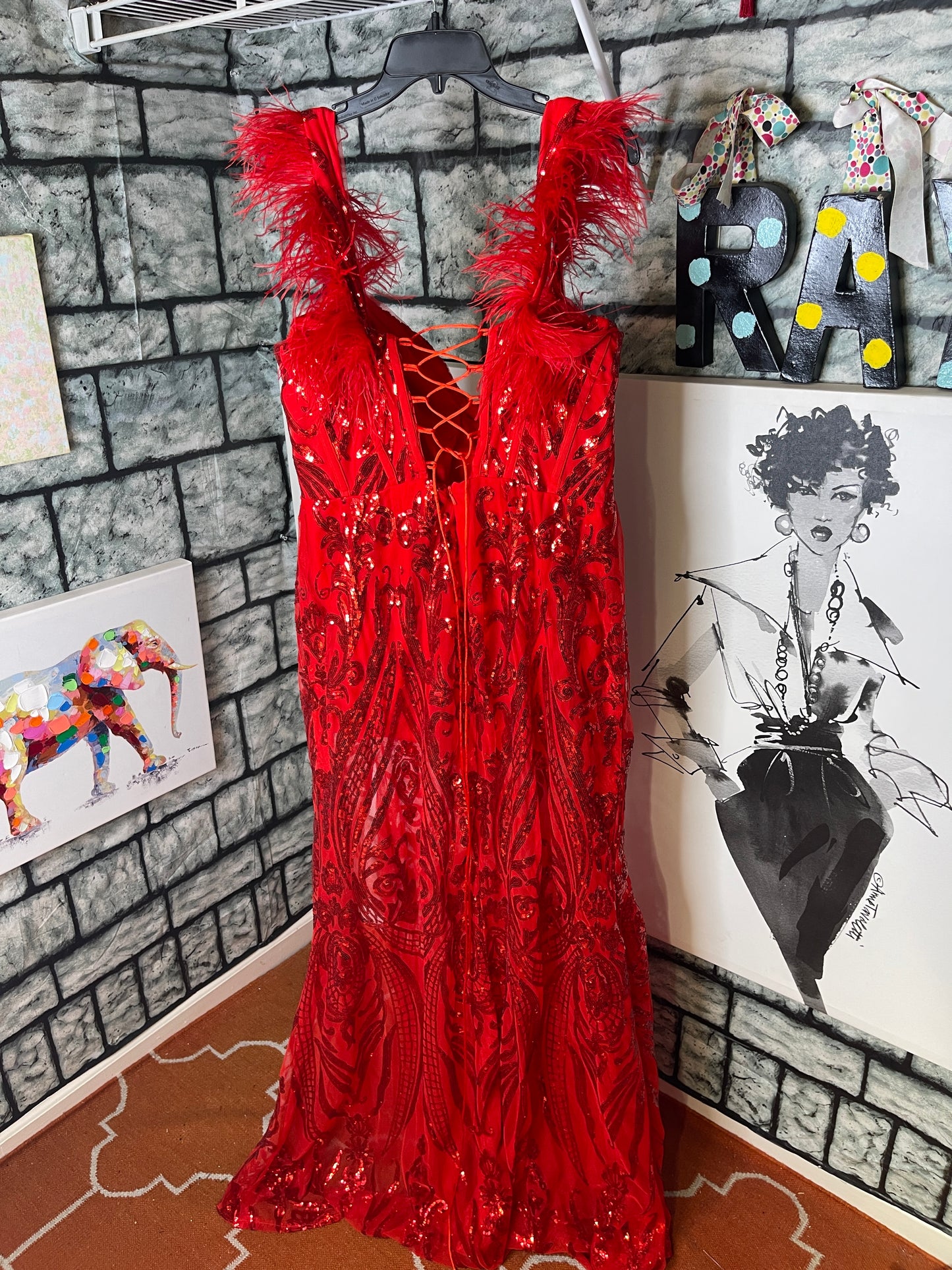 Zapaka Red Sequin Fur Formal Dress Women sz 20
