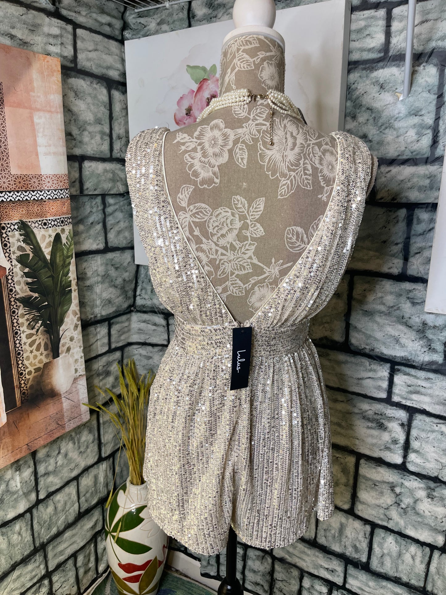 NEW Lulus Silver Tan Sequin Romper Women sz Small