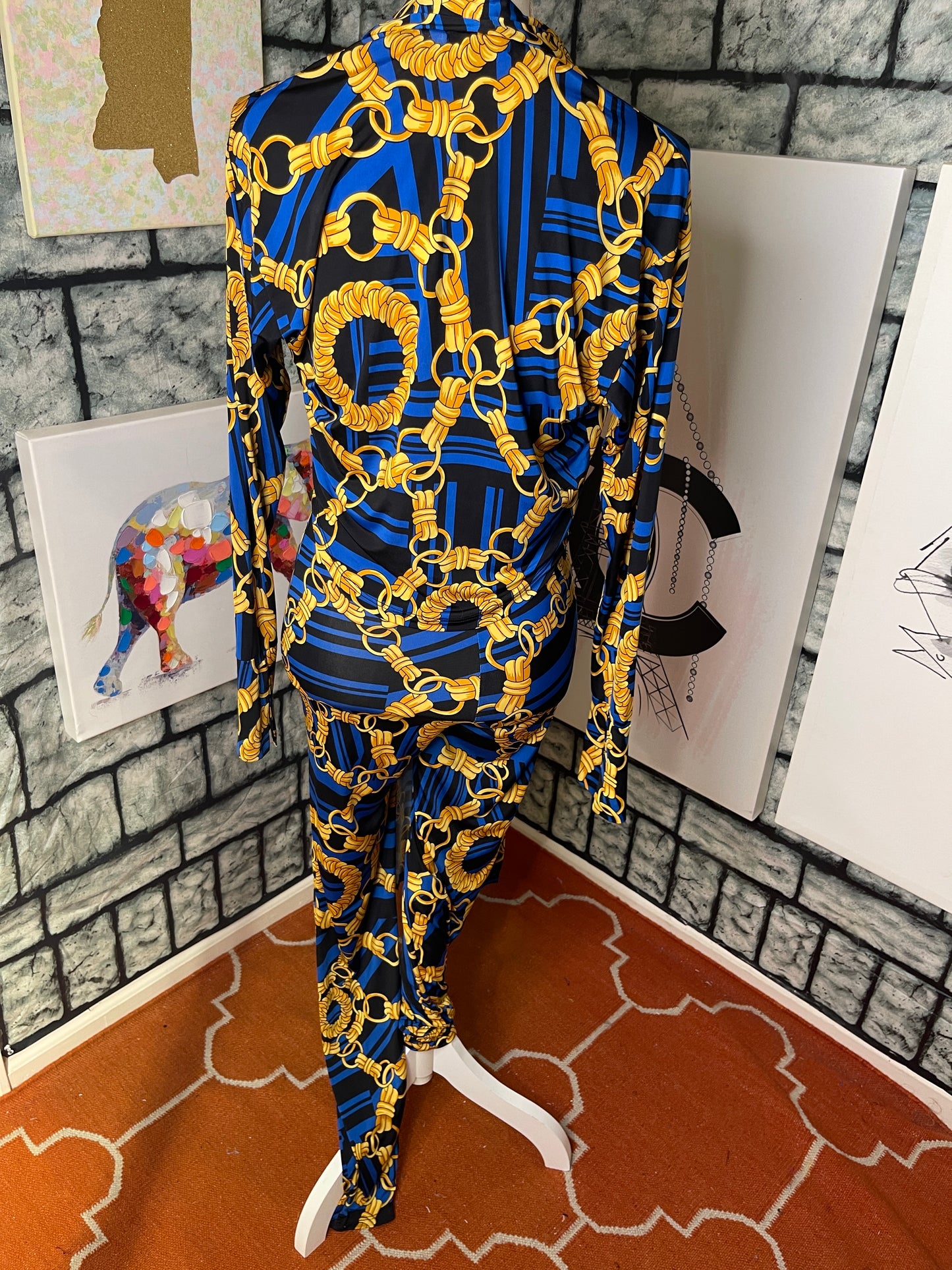 Fashion Nova 2 piece Blue Yellow Chain Pants set Women sz Small