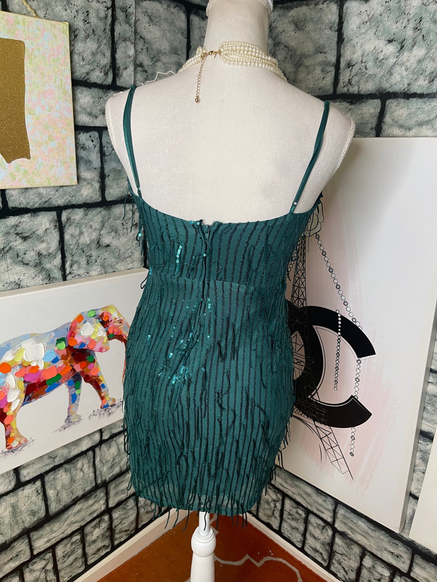 City Vibe Green Fringe Dress Women sz Small