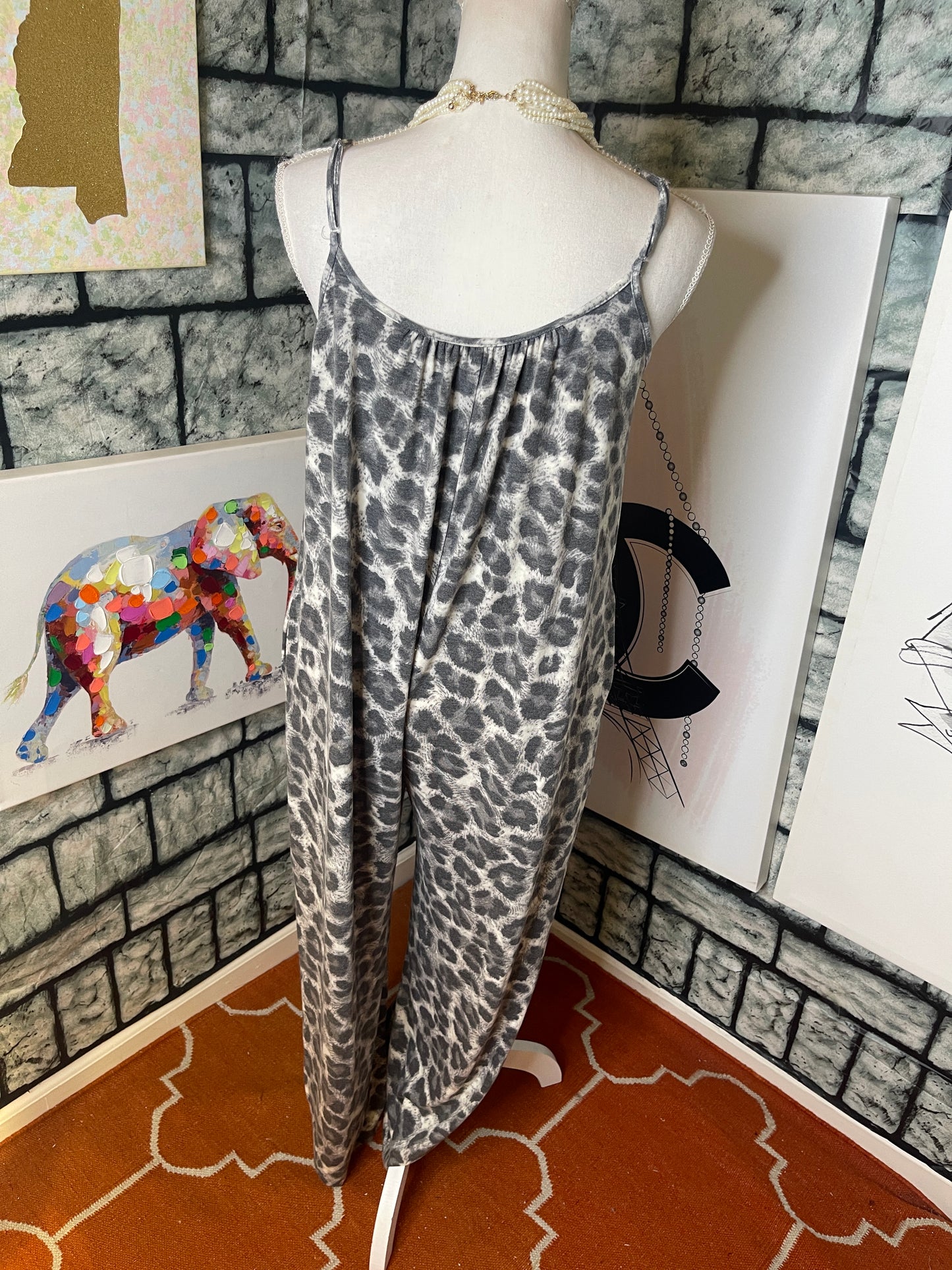 Zenana Gray Animal Print Jumpsuit Women sz Small