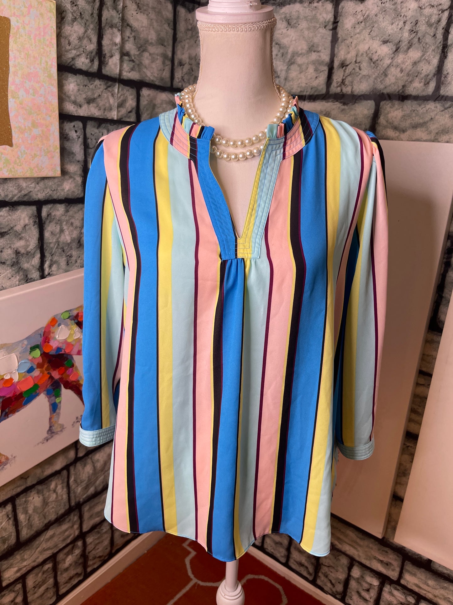 Worthington Blue Pink Colorful Blouse Women sz Large