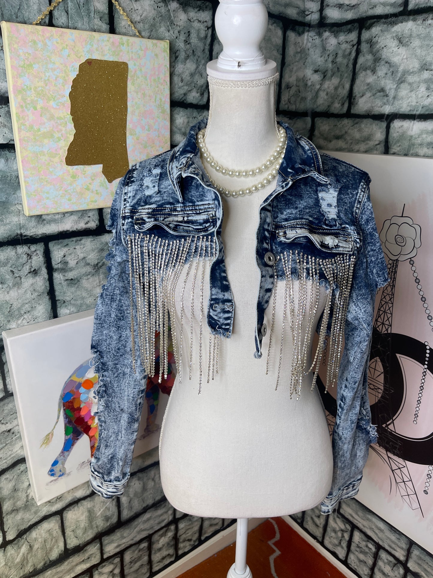 RedFox Blue Denim Fringe Rhinestone Jacket Women sz Large