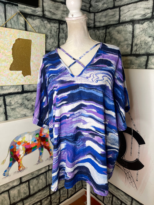 Ashley Stewart Blue Purple Print Blouse Women sz 18/20
