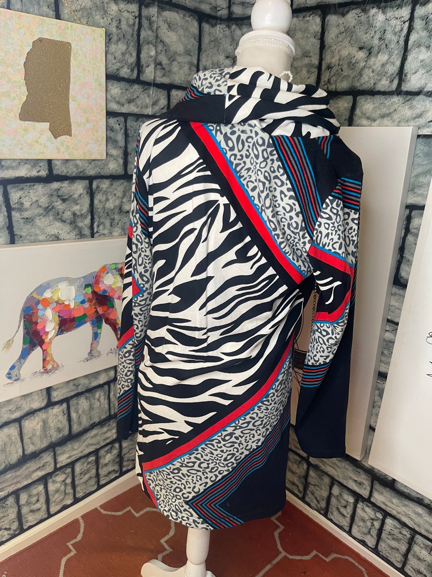 Shana K Black Red White Animal Print Shirt Dress Women sz Large
