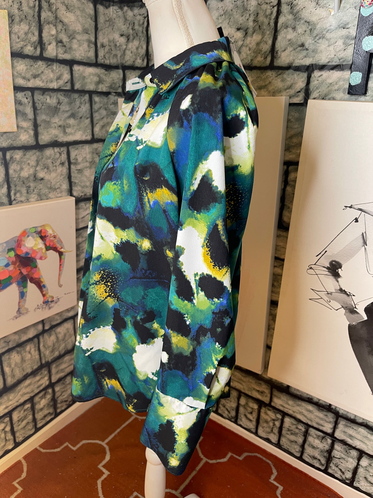 Investments Green Blue Black Button Down Blouse Women Sz Medium