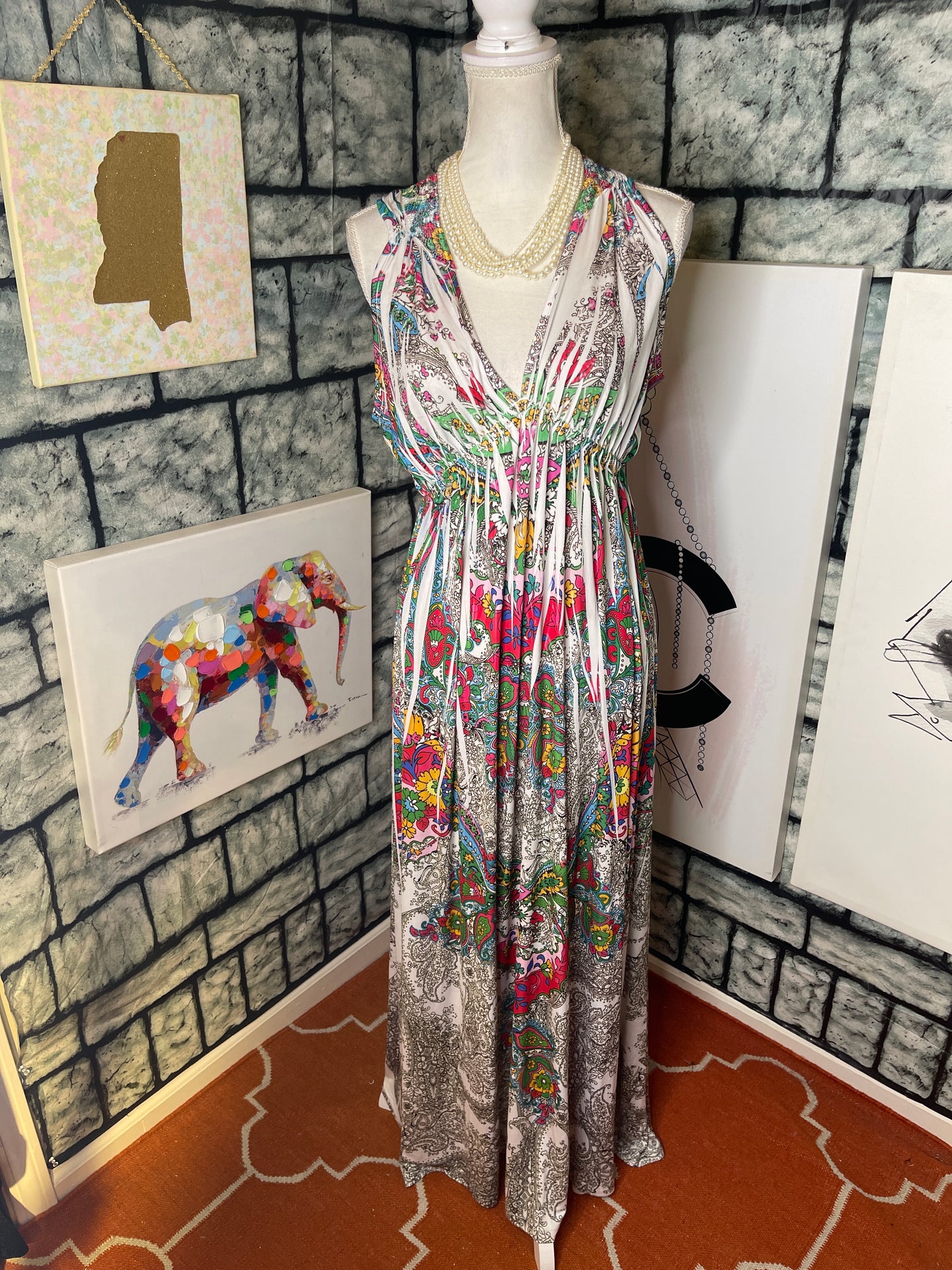 One World White Colorful Dress Women sz Large