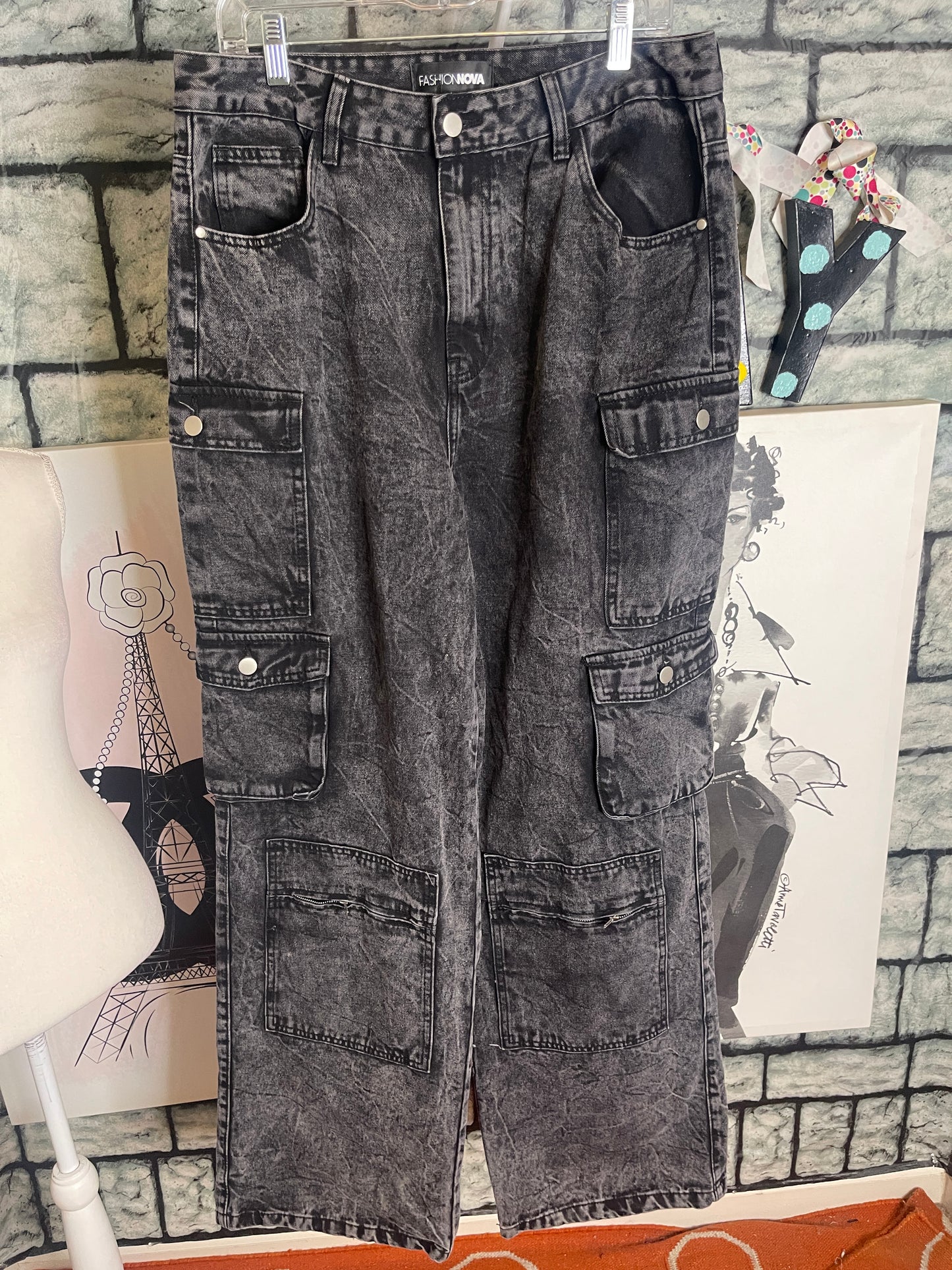 Fashion nova black straight cargo jeans women sz 15
