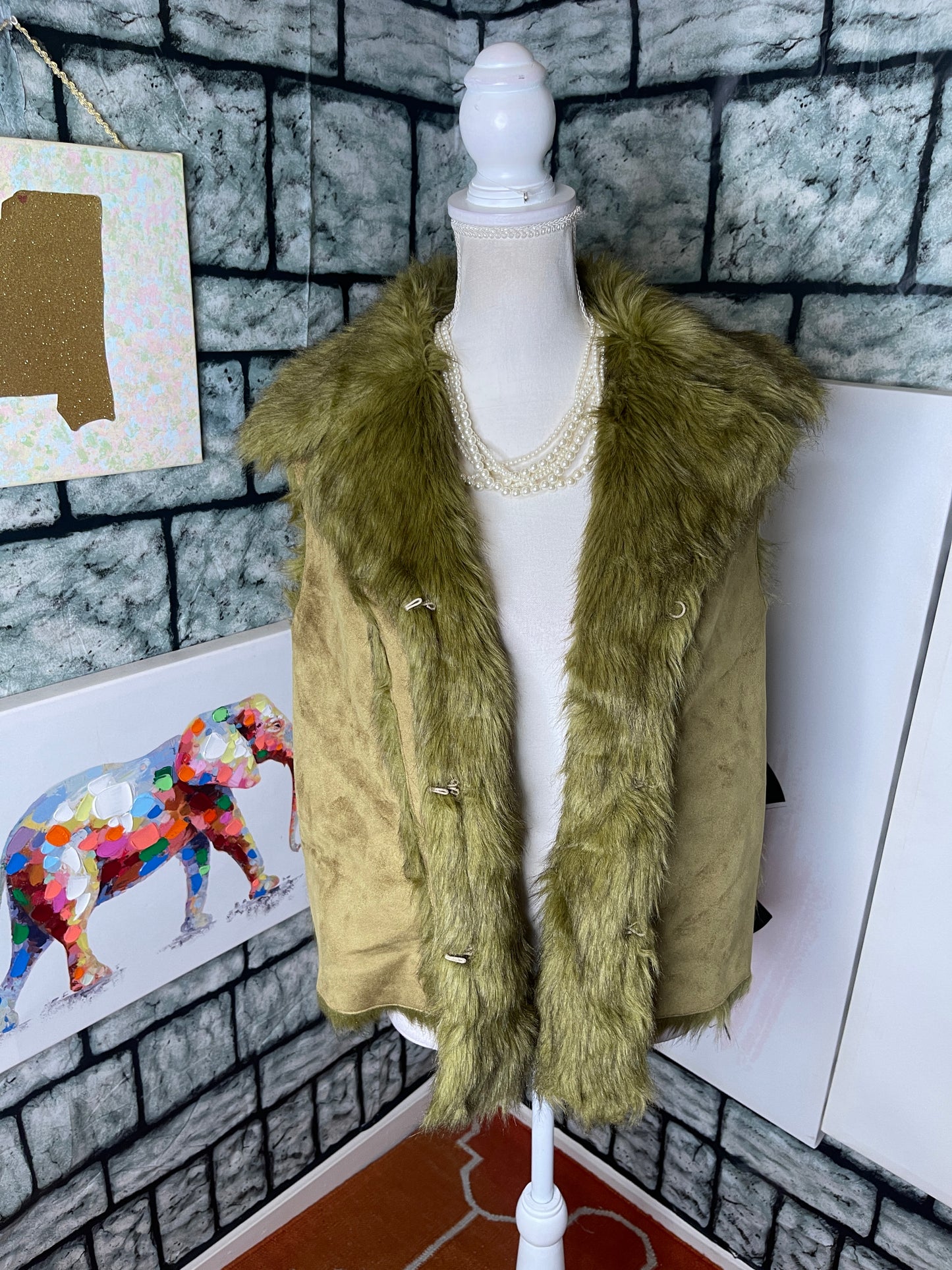 Capri Green Fur Vest Women sz XL