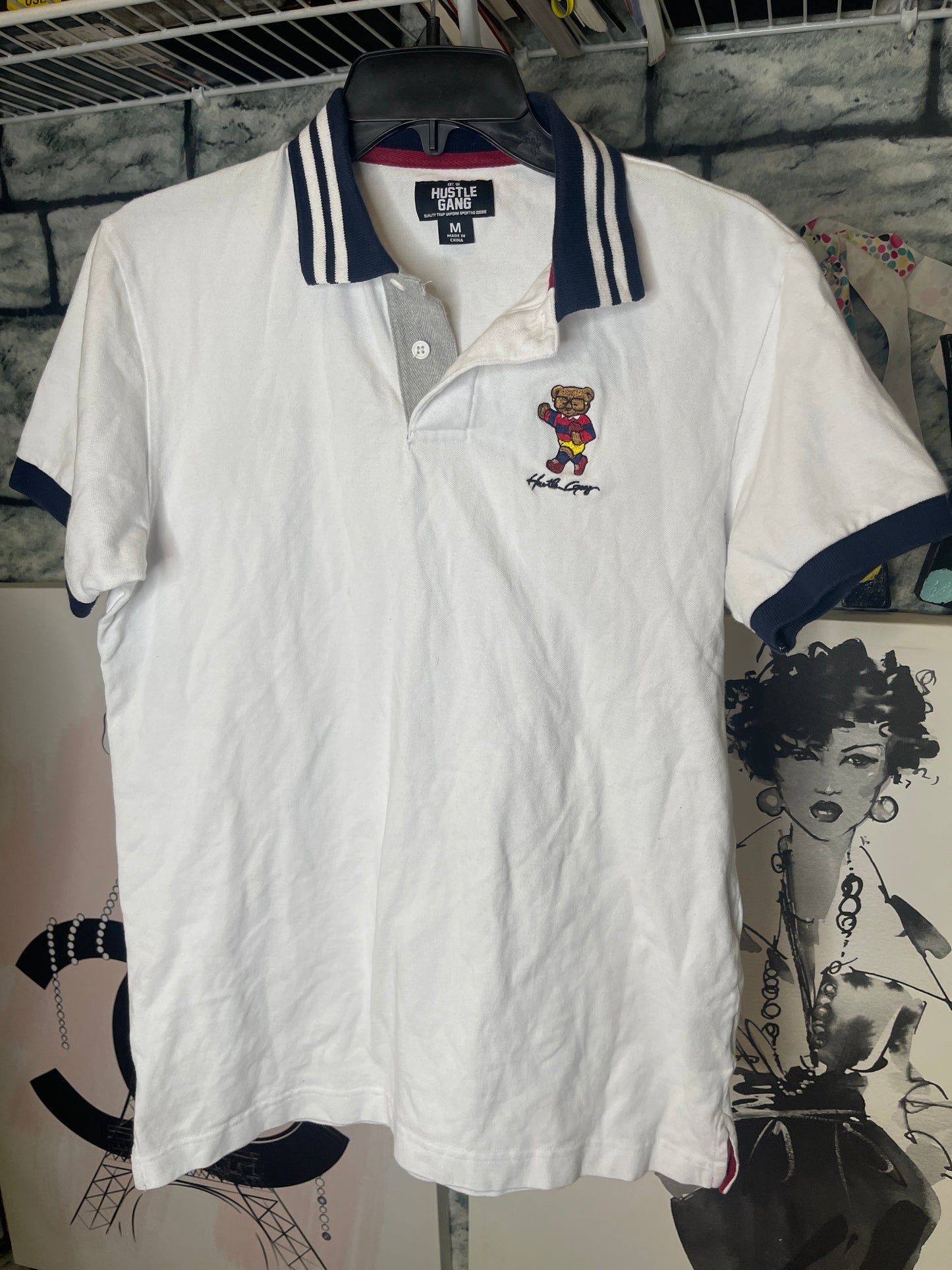 Hustle Gang White Polo Shirt Men sz Medium