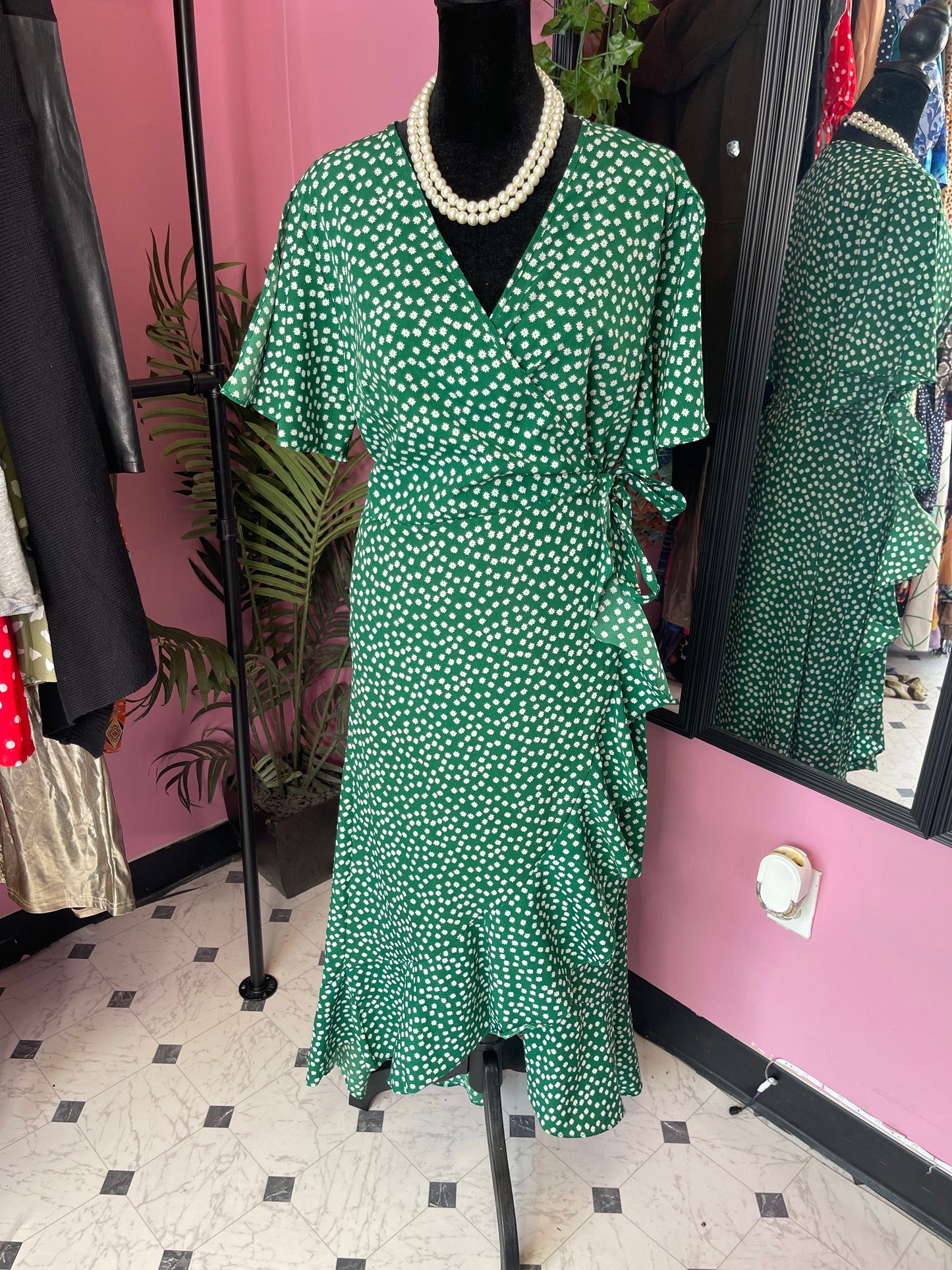 Green White Floral Dress Women sz XL