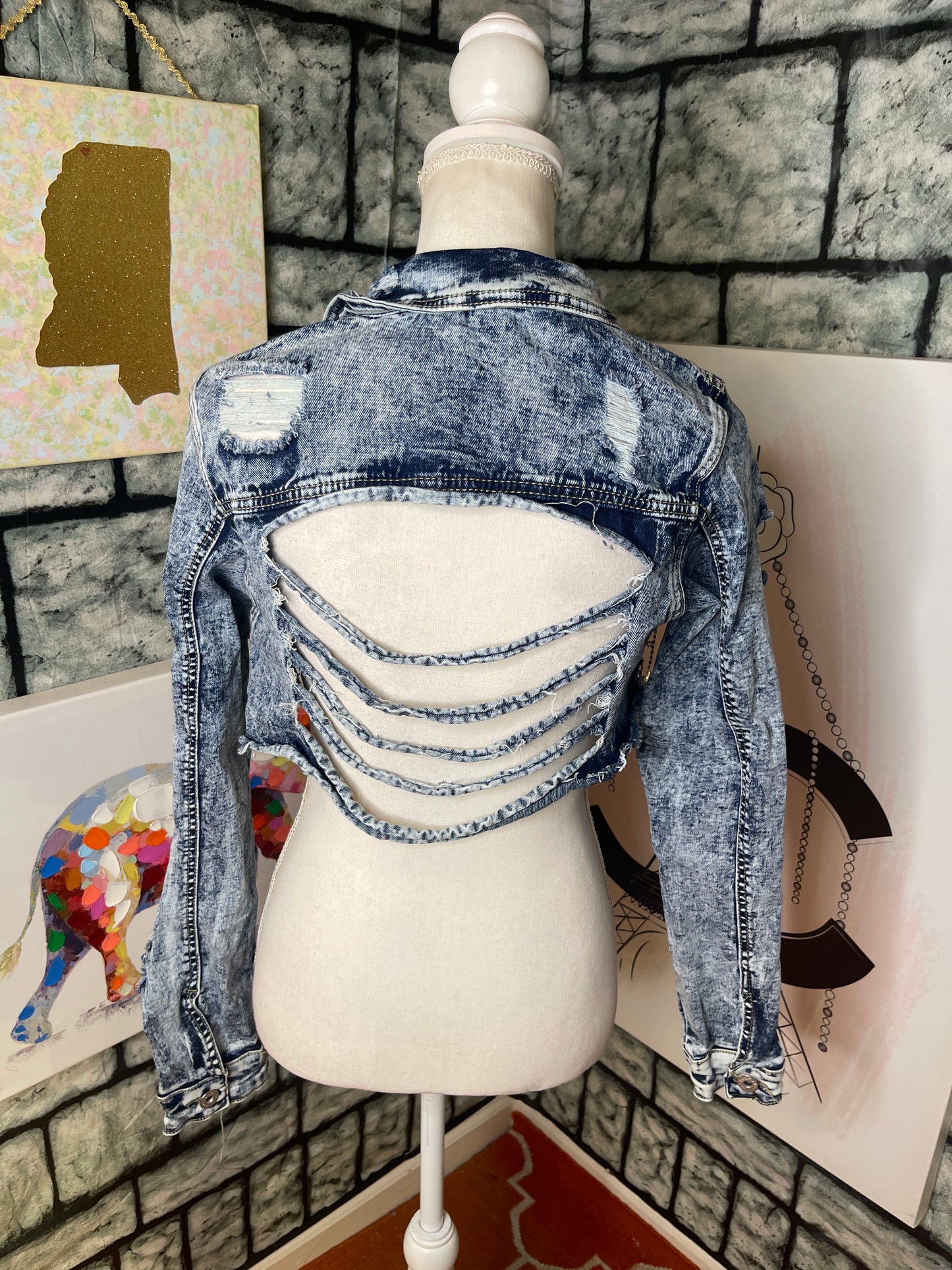RedFox Blue Denim Fringe Rhinestone Jacket Women sz Large