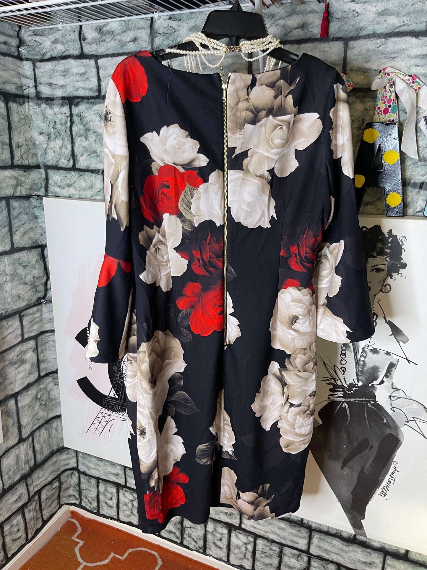 Calvin Kleiin Black Red Floral Dress Women sz 14