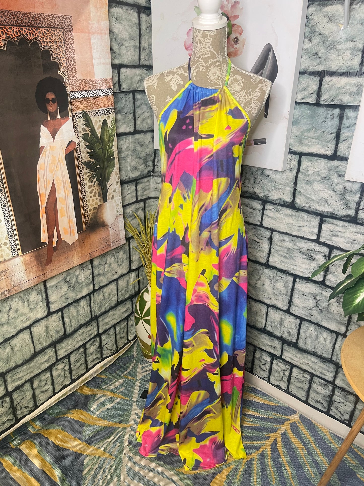 Yellow Colorful Dress Women sz XL