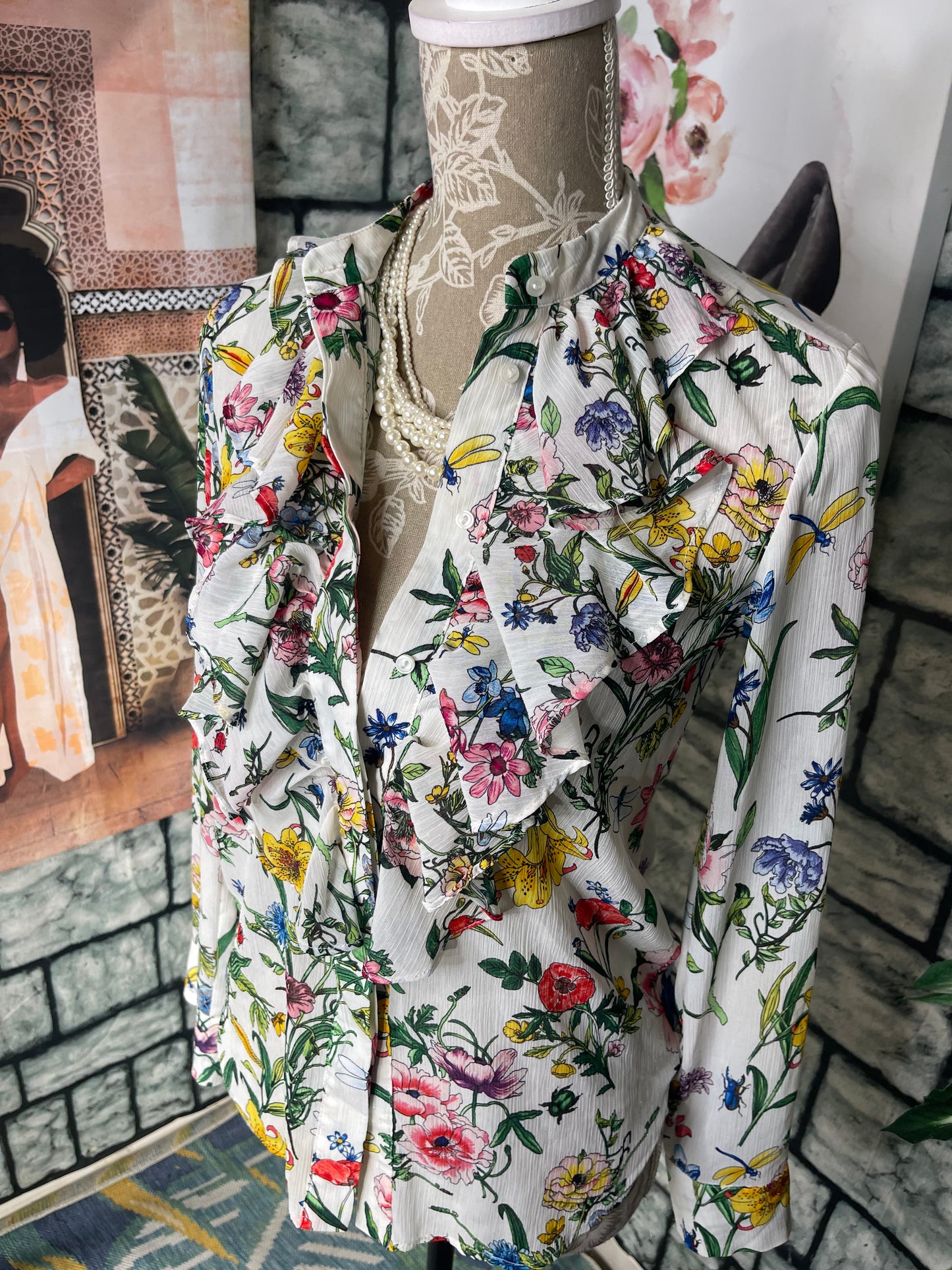 H&M White Floral Blouse Women sz 2