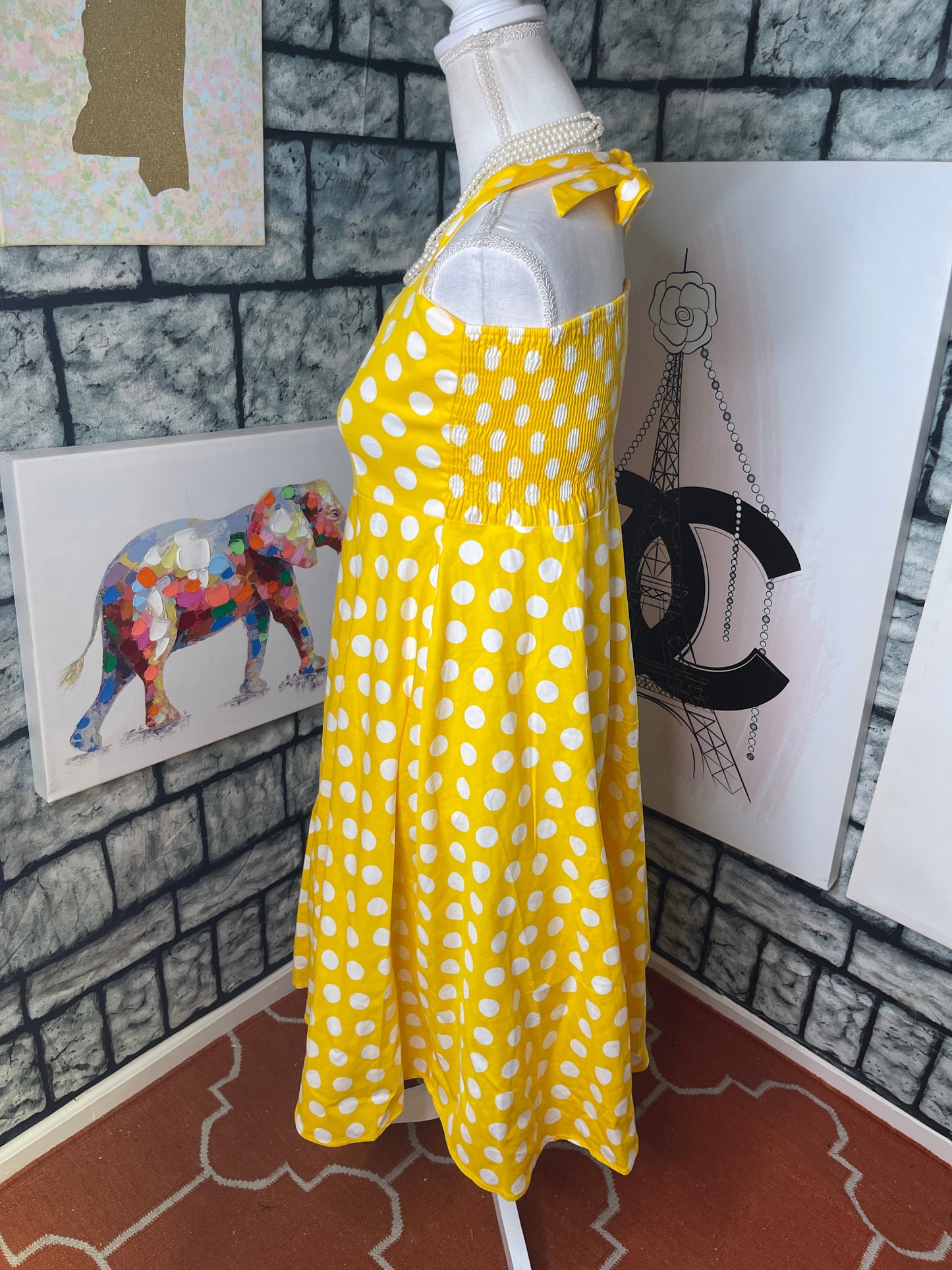 Yellow and White Polka Dot Dress Women Sz Large