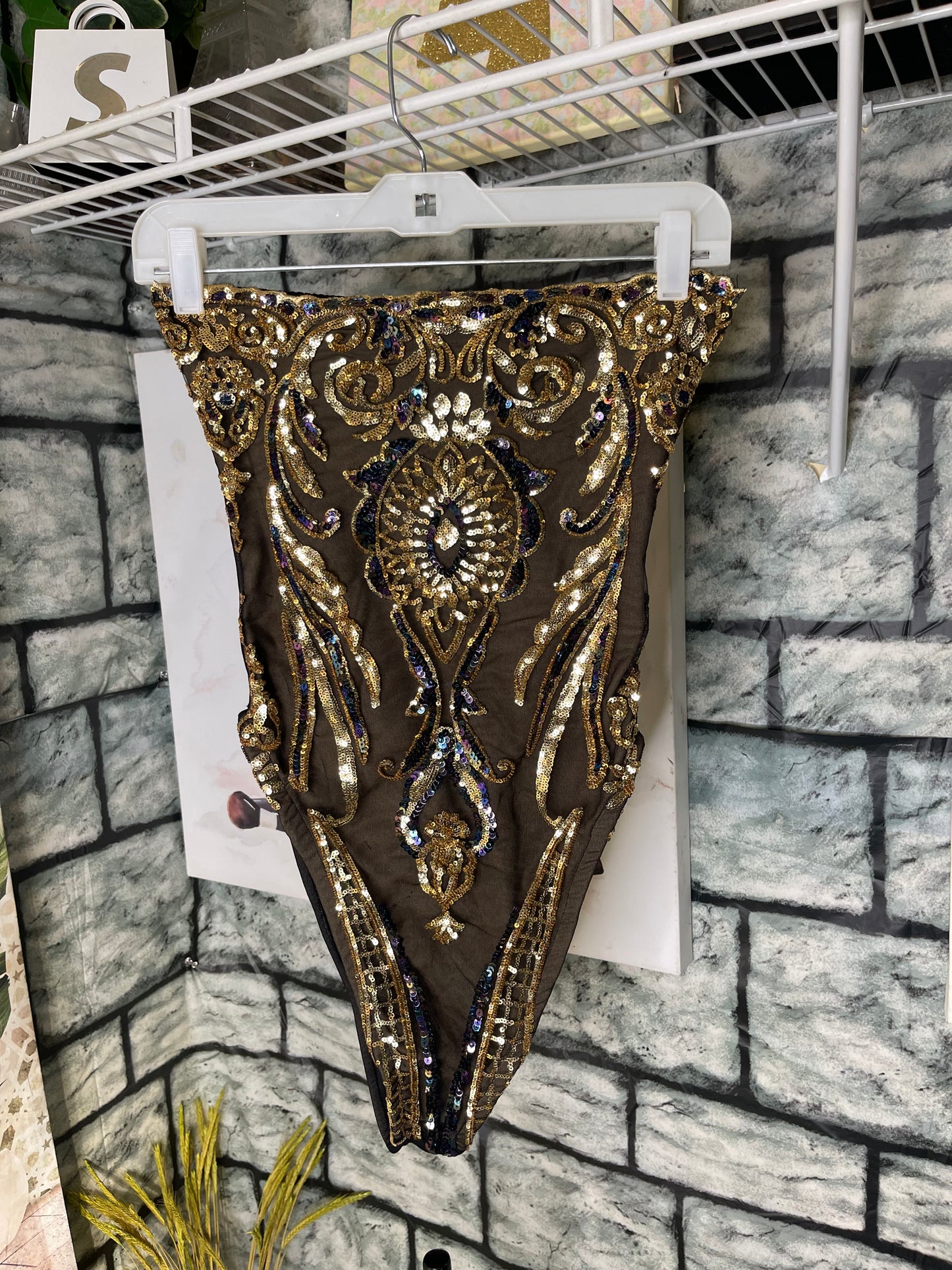 Kimi Kouture Black Gold Bodysuit Blouse Women sz Small