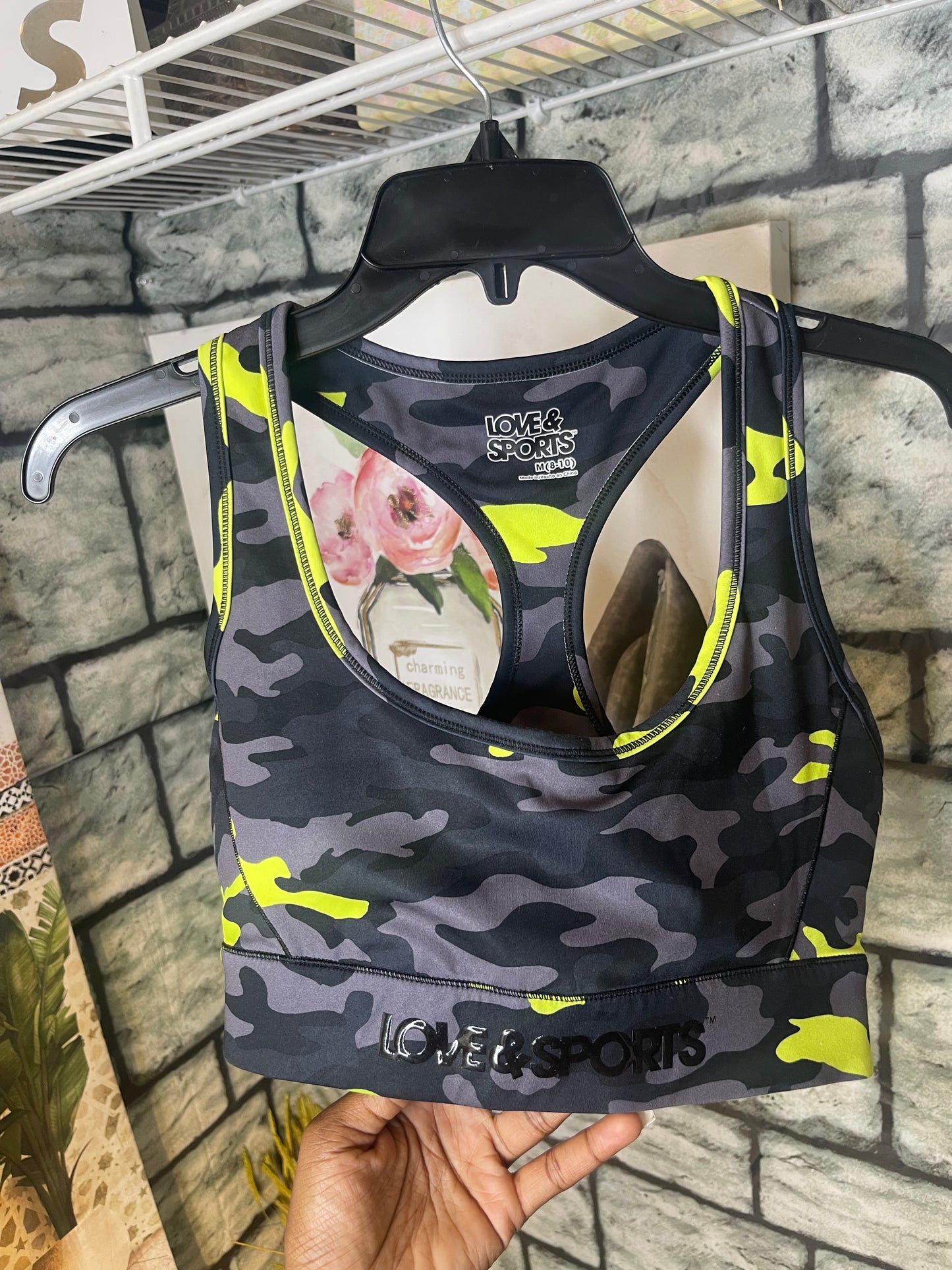 Love & Sports Gray Green Camo Sports Bra Women sz Medium