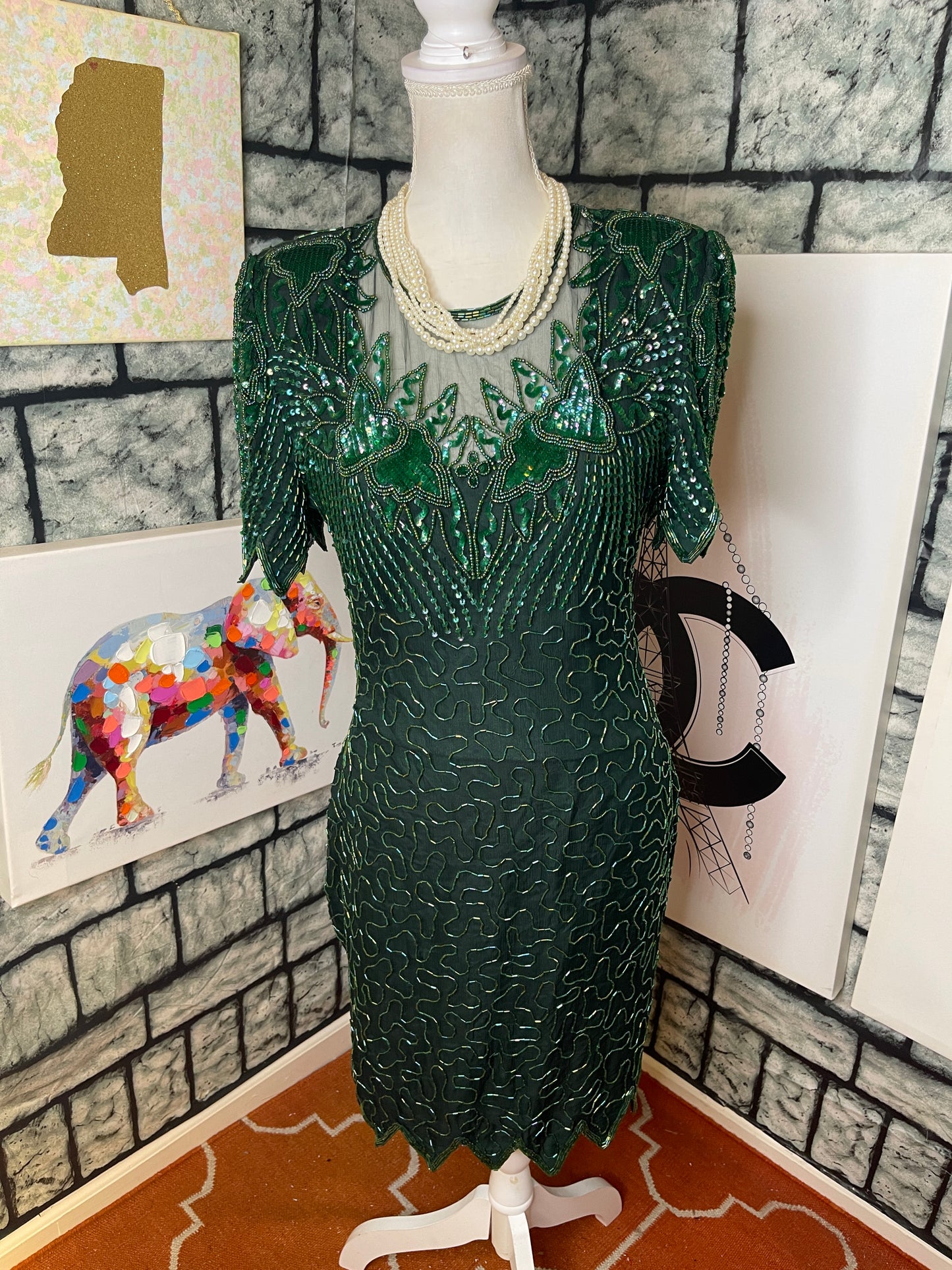 Laurense Kozar Green Bead Sequin Dress Women sz Medium