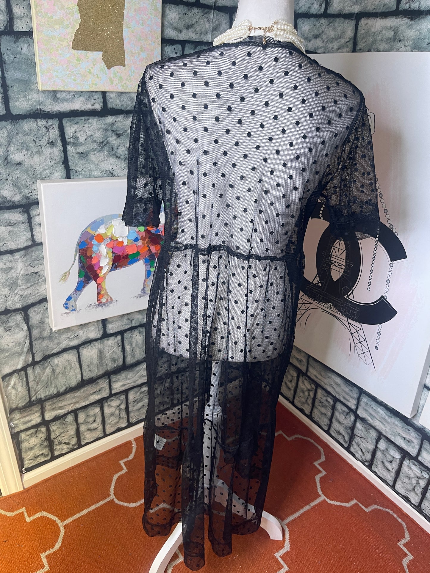 Black Polka Dot Sheer Dress Women sz Large