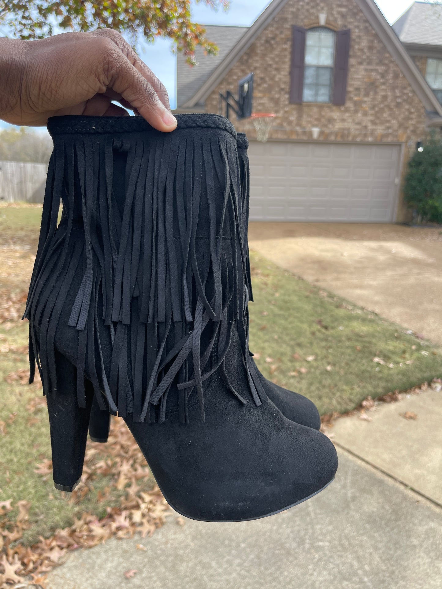 Black fringe heels boots women sz 11
