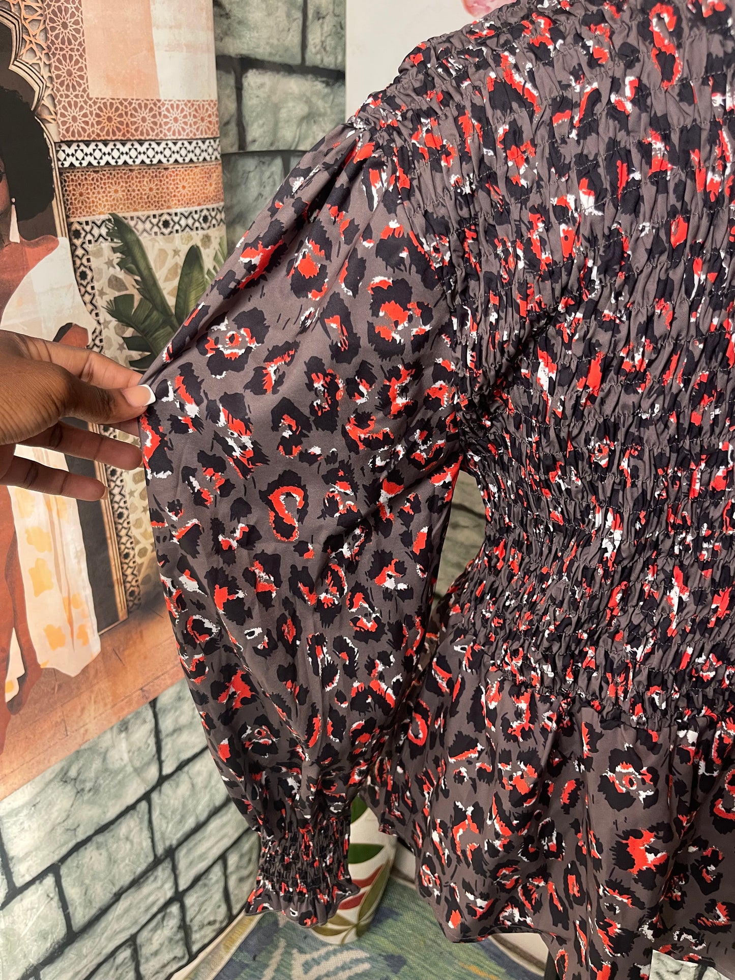 Shein Gray Orange Print Blouse Women sz 2XL