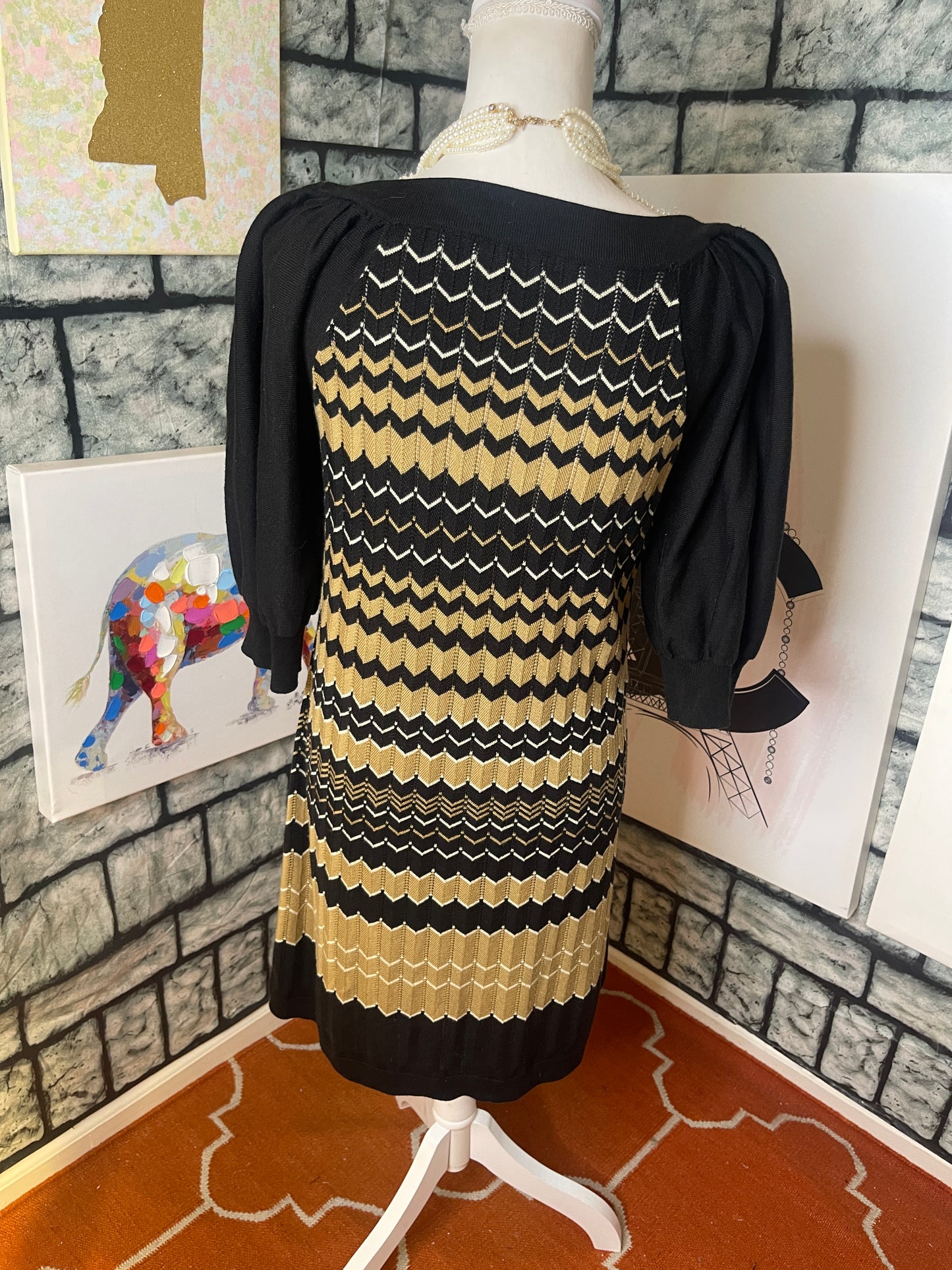New Directions Tan Black Sweater Dress Women sz Medium