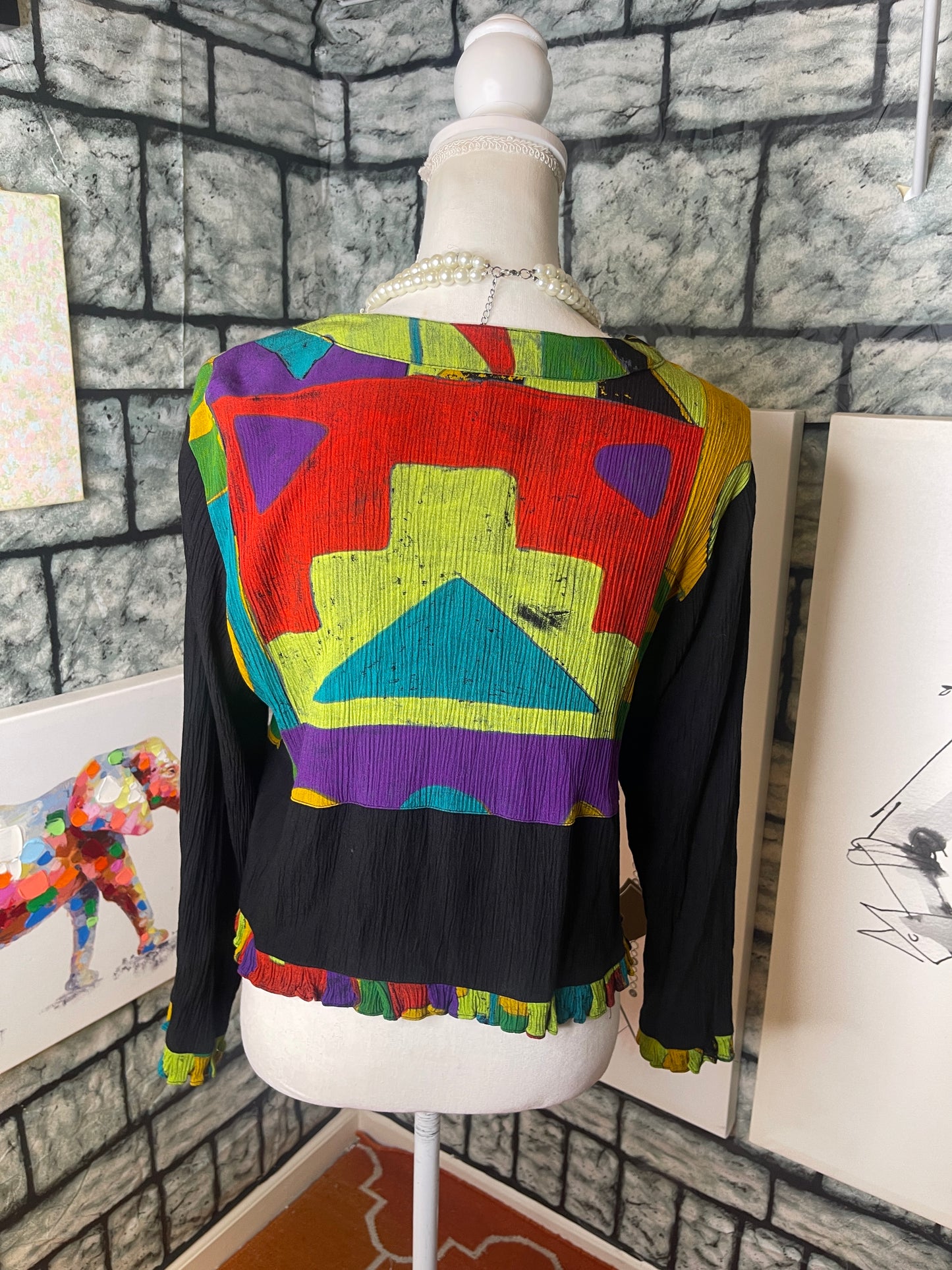 Key lime pie black colorful button blouse women sz medium