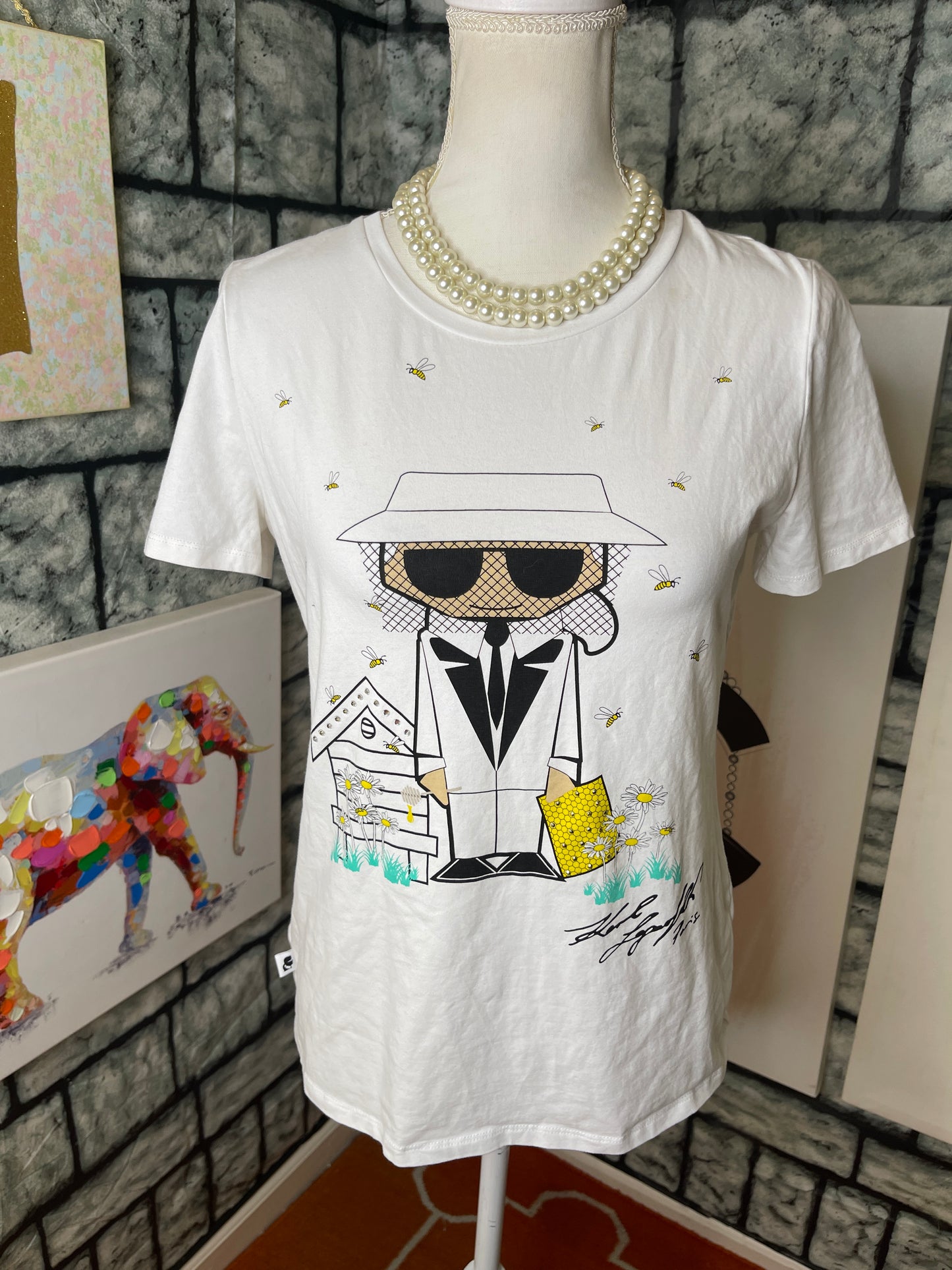 Karl Lagerfeld white graphic shirt women sz small