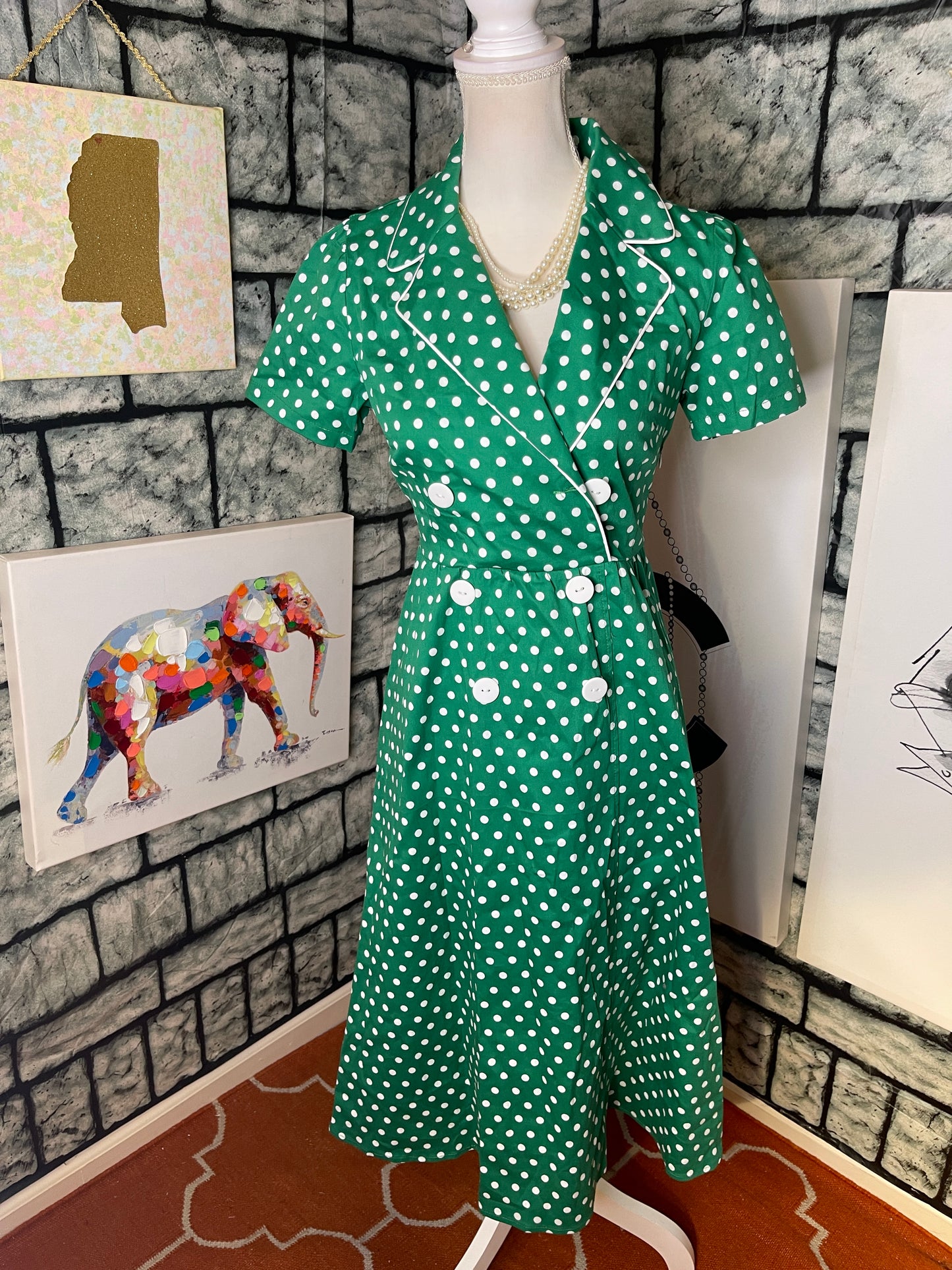 Green White Polka Dot Dress Women sz Medium